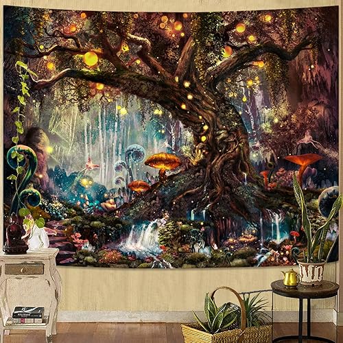 Miniatura 5 de YEXIT Tapiz de bosque mágico de cuentos de hadas, árbol de la vida con elfos, tapiz de paisaje para colgar en la pared para sala de estar,
