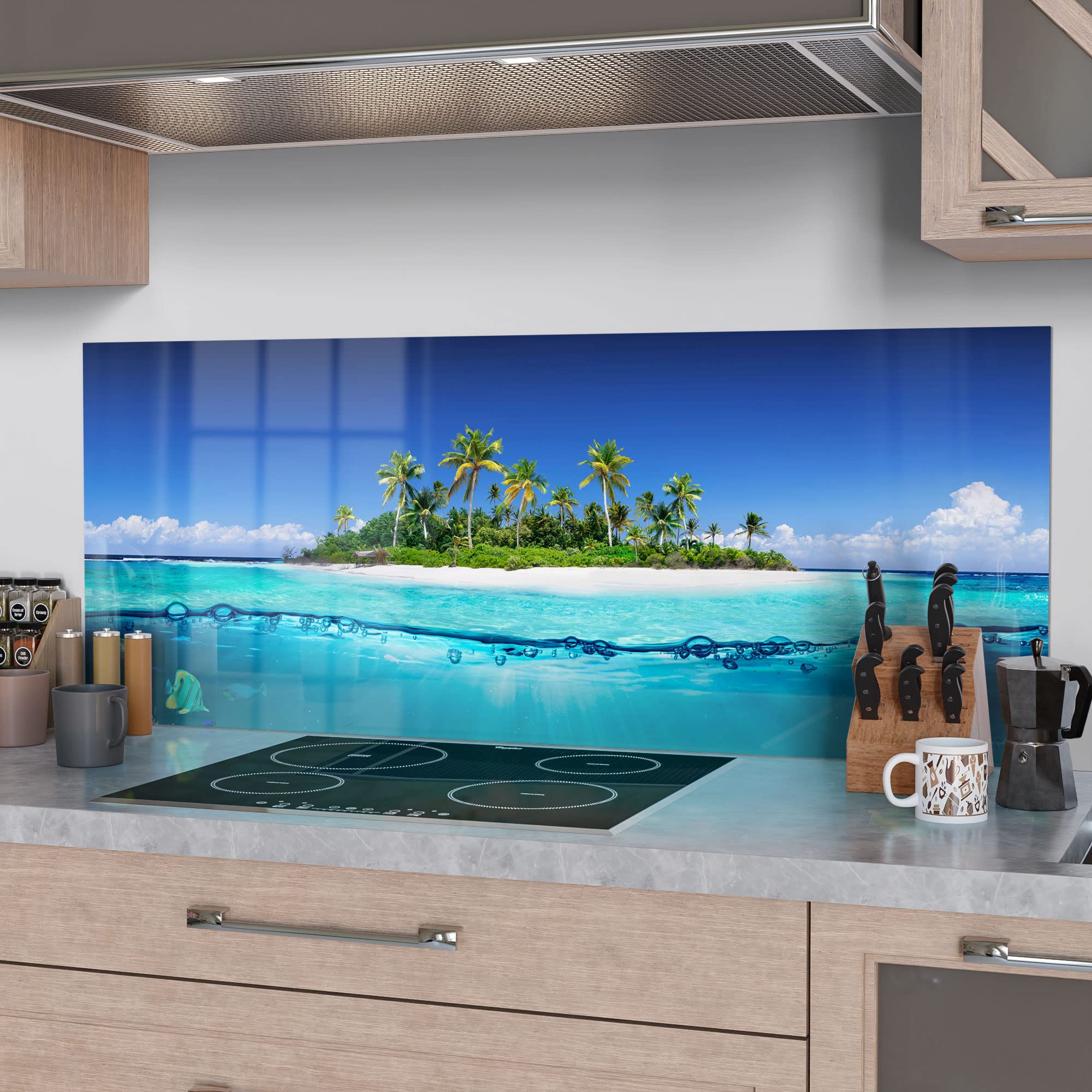 Crédence De Cuisine En Verre 100x50 Cm - Motif Palmiers Mer Paysage - Style Moderne