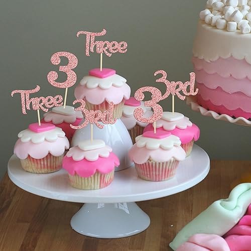 Miniatura 4 de Paquete de 24 adornos para cupcakes con purpurina para tercer cumpleaños para baby shower, fiesta de tercer cumpleaños, suministros de decoración de