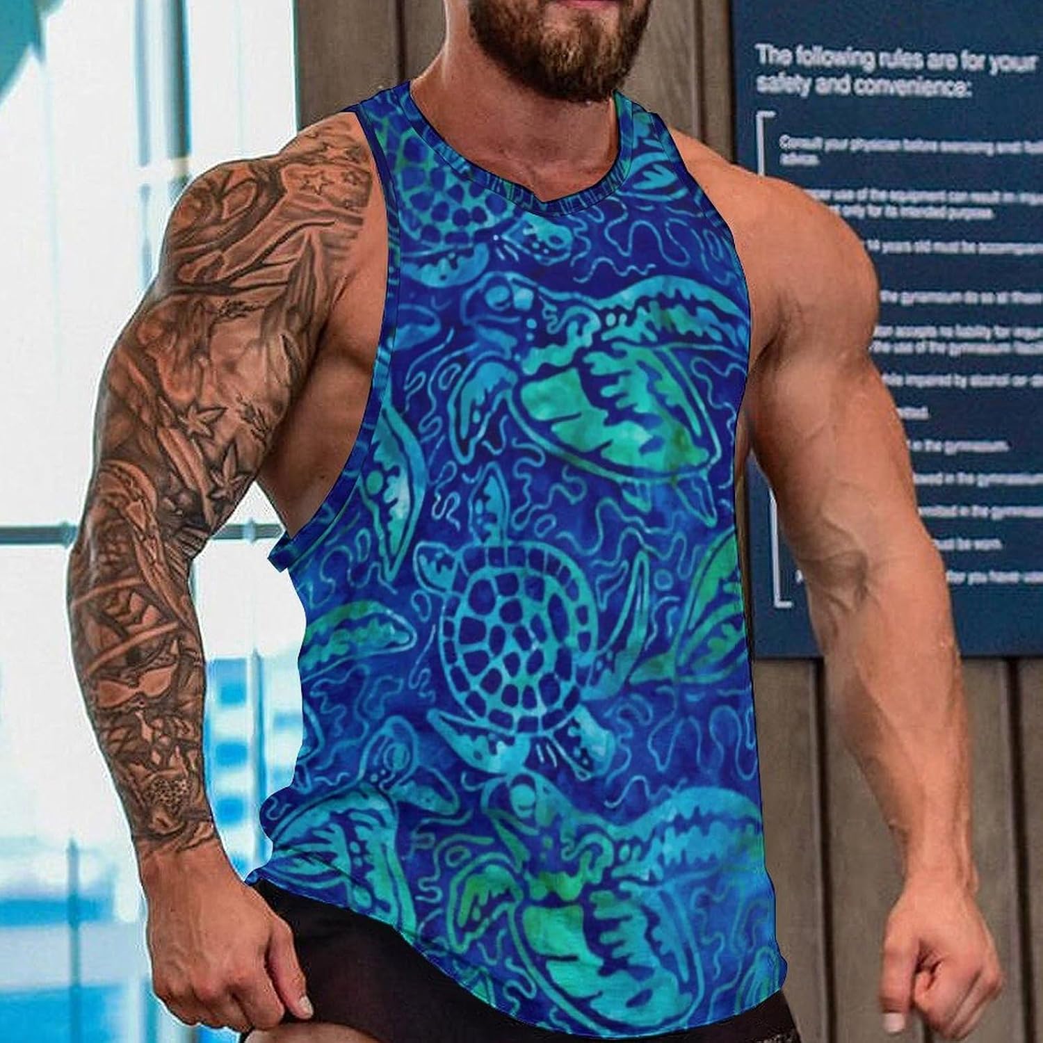 Blue Tie Dye Turtle Mens Tank Tops Sleeveless Muscle Shirts Beach Casual Gym Shirt Vest Tee Tops