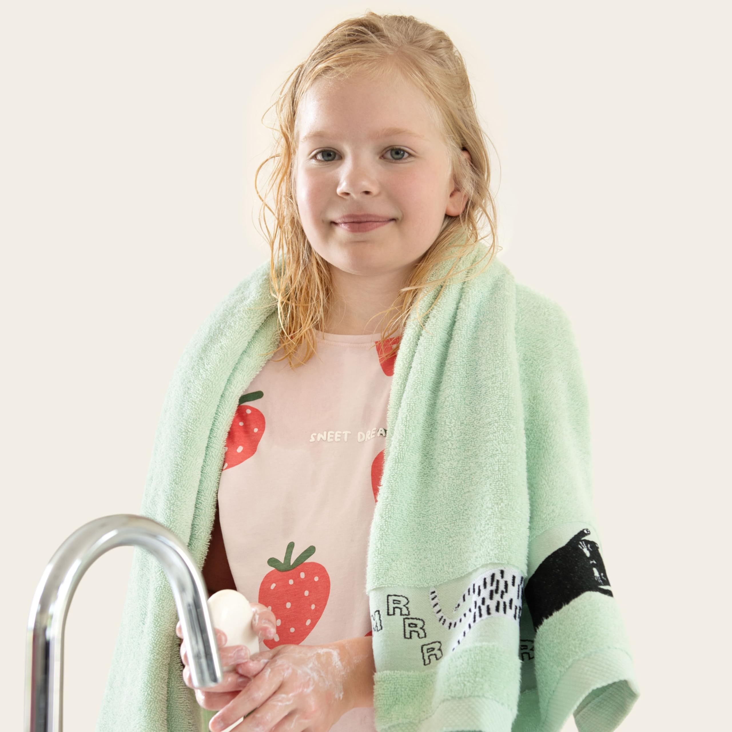 ZWOLTEX - Kinder Handtuch Set, 6 Stück: 2X 30x50/ 2X 50x70/ 2X 70x130 cm, Badetuch aus 100% Ägyptische Baumwolle, Kinderhandtuch Oeko-TEX Standard, Weich und saugfähig duschtuch - Katzen/Lindgrün