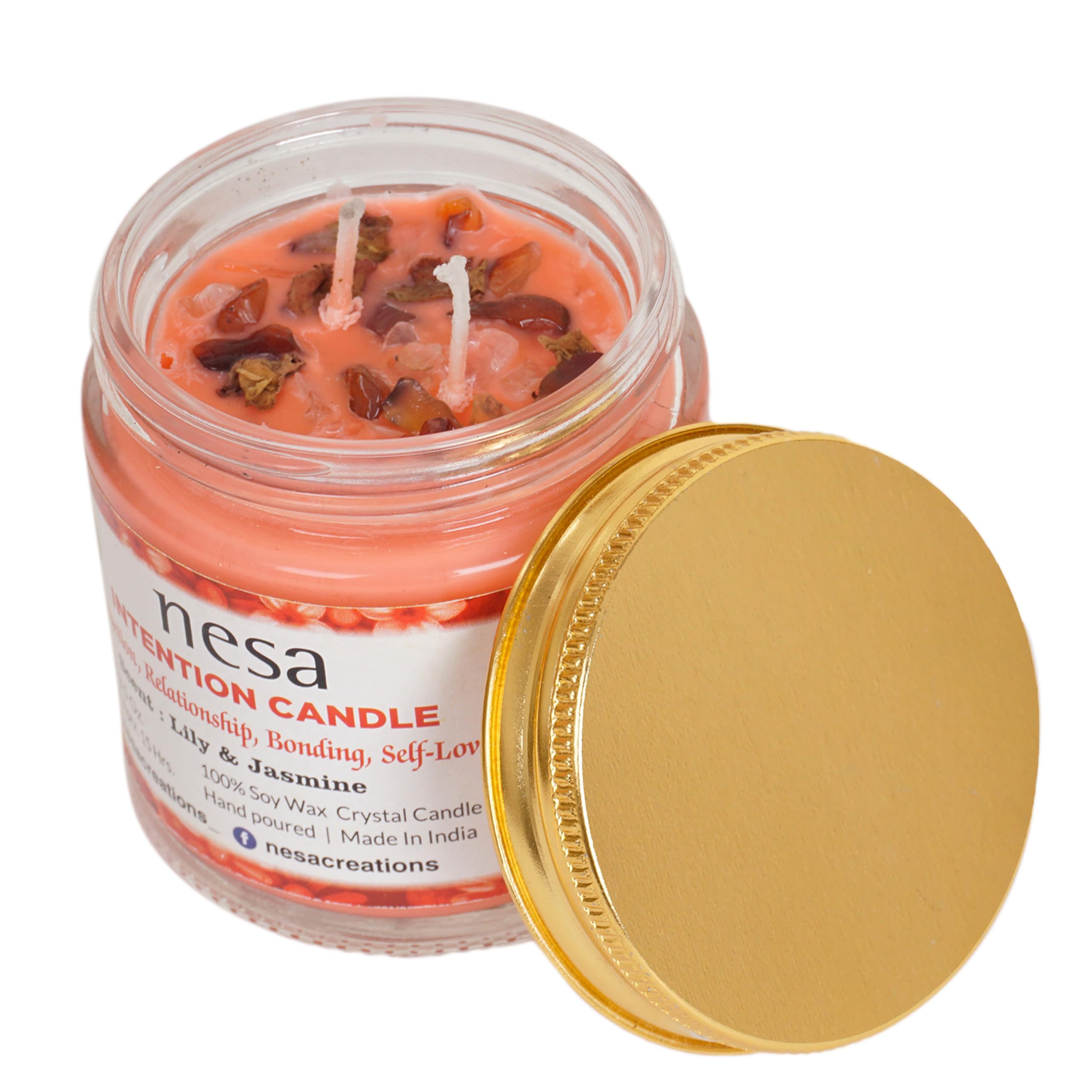 Nesa Love Intention Crystal Candle - 100% Soy Wax Candle- Red Color and Lily & Jasmine Scent - Spell and Ritual Candle for Relationship, Bonding- 100 g 1