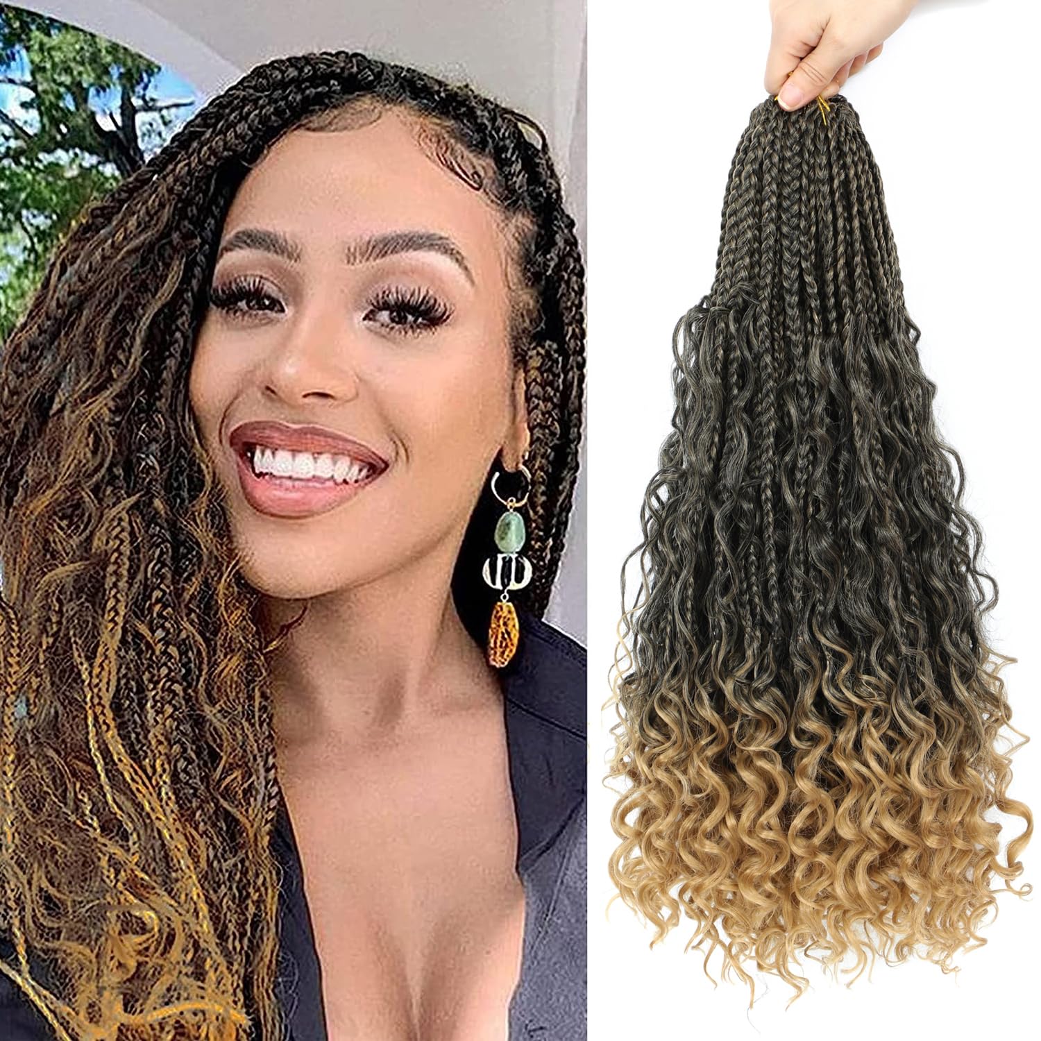Boho Goddess Crochet Box Braids Hair Extensions for Black Women with Curly Ends 18 Inch 8 Packs (T/27), 18 Inch (Pack of 8)