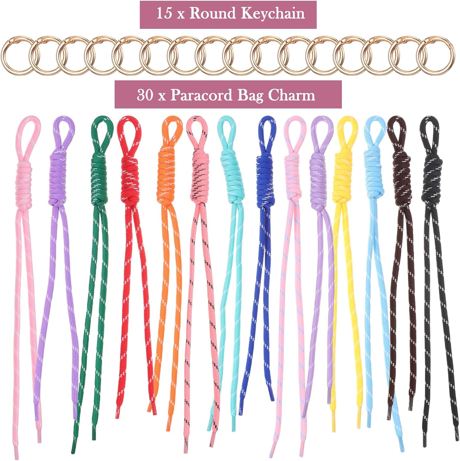 15 Pcs Paracord Bag Charm, Colorful Braided Rope Bag Charm for Keychain with Braided Design Purse Backpack Handbag Decoration and 15 Pcs Zinc Alloy Accessories (10.63 × 0.79 Inches) image 3