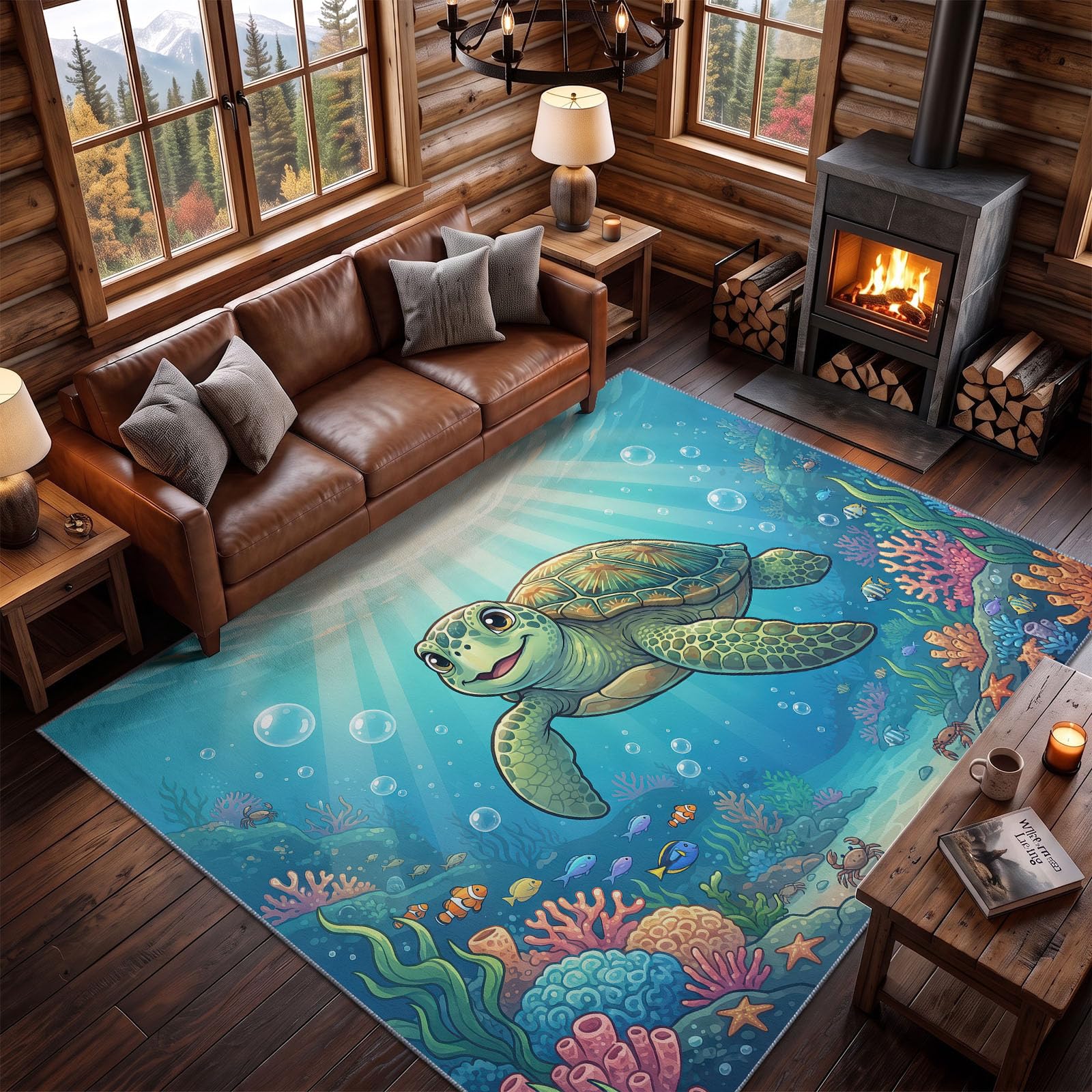 Monde Féerique Tapis de Salon, Bleu Ciel Lavable Tapis Flanelle Douce, Cartoon Océan Animal Tortue Marine Poil Ras Antidérapant 120 x 170 cm Enfants Tapis pour Salle à Manger Chambre Canapé