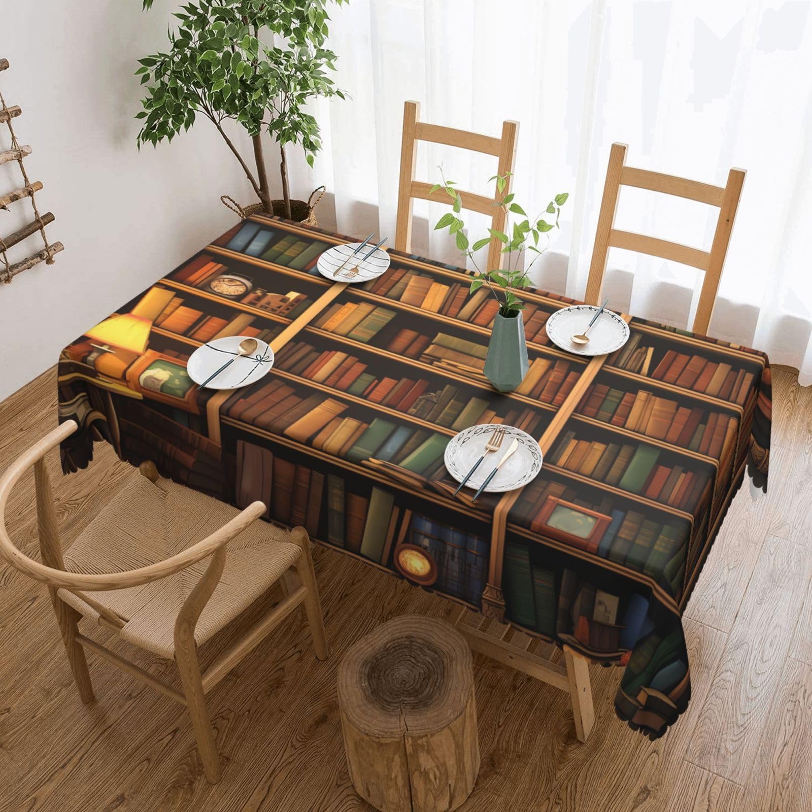 FodPand Retro Bookshelf Tablecloths for Rectangle Tables 54 x 72 Inch - Reusable Washable Dining Table Clothes - Stain and Wrinkle Resistant Decorative Fabric Table Cover for Wedding Party