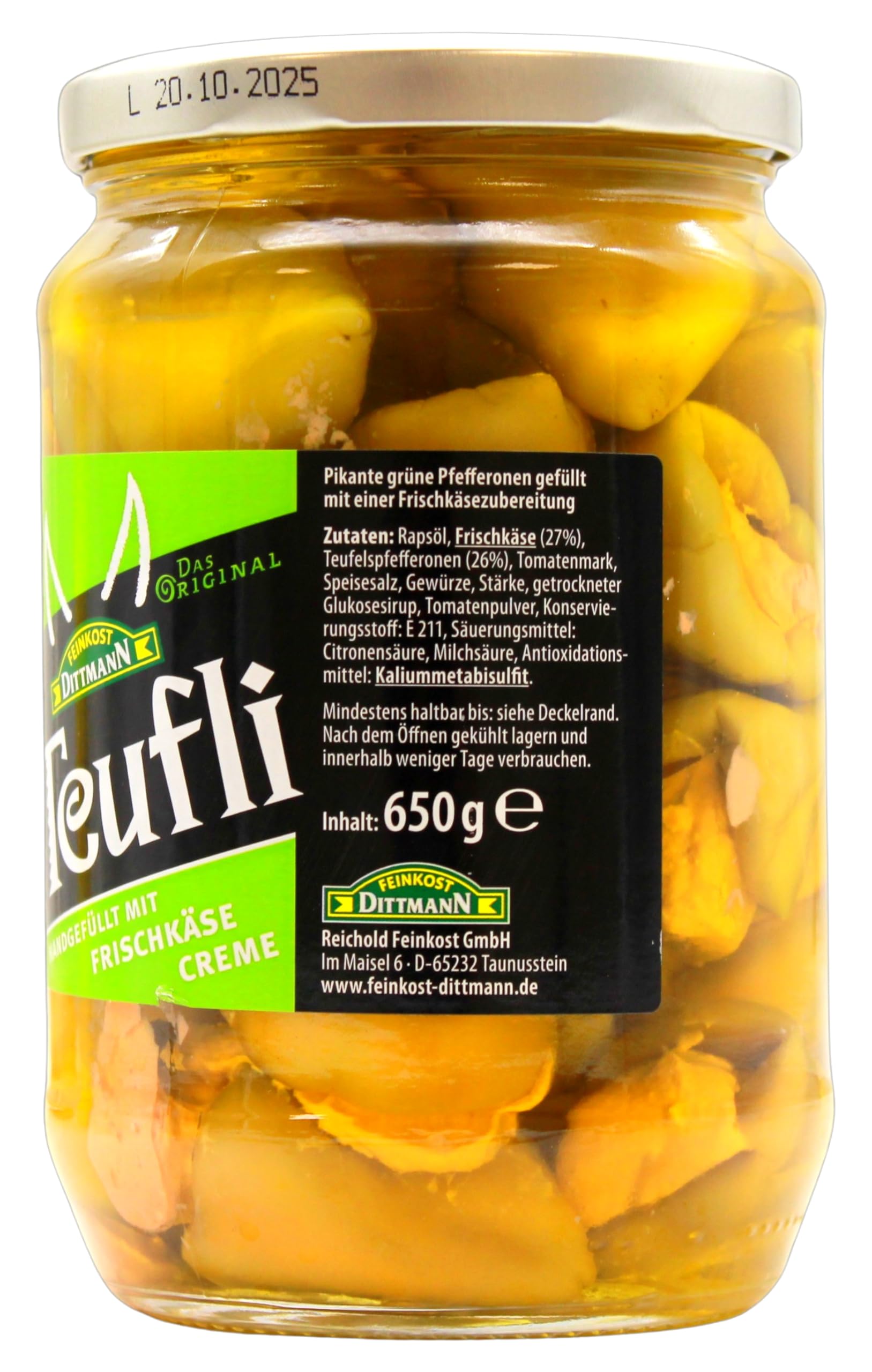 Feinkost Dittmann Teufli pikante grüne Pfefferonen mit Frischkäse gefüllt, 6er Pack
