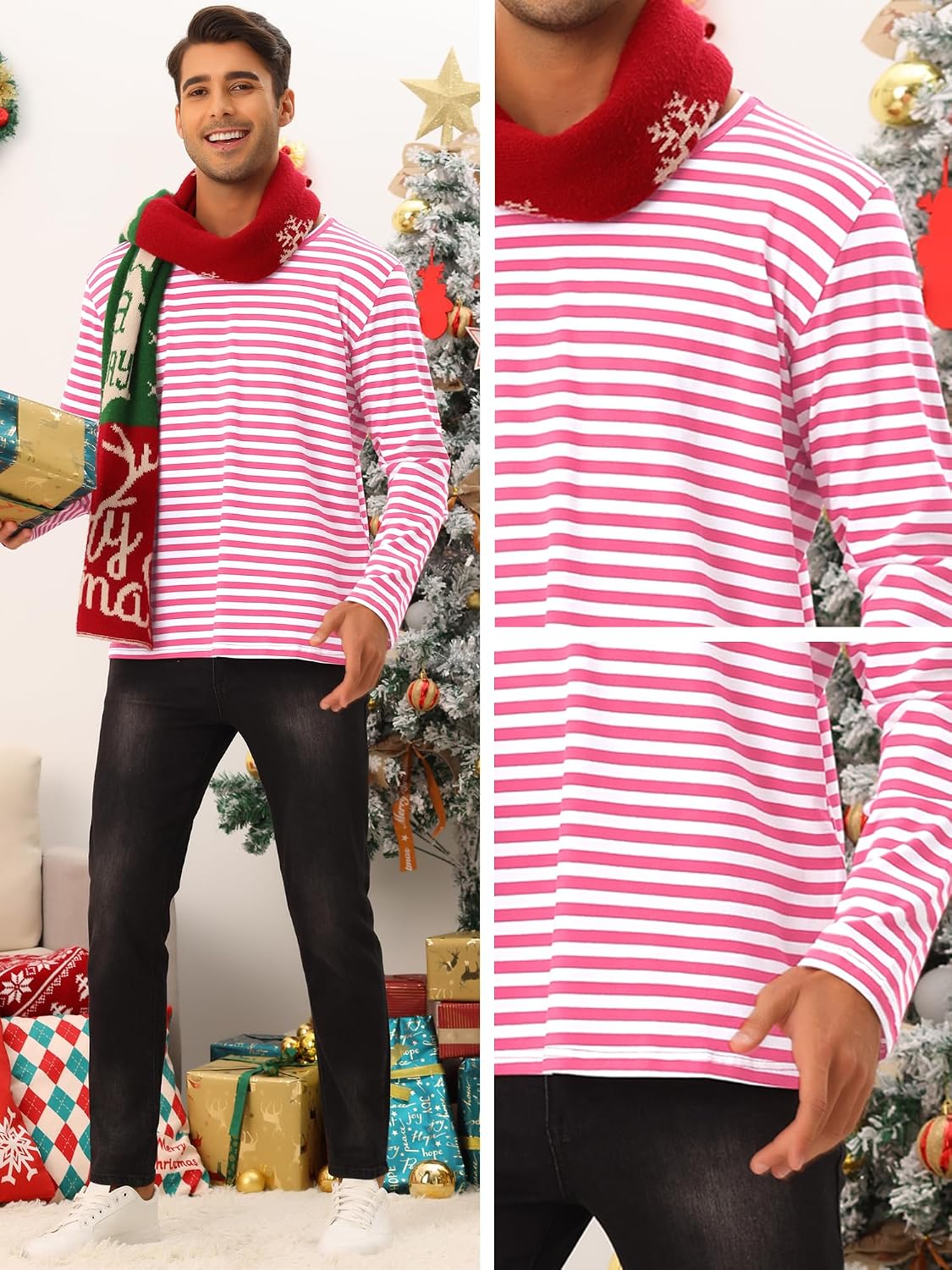 Lars Amadeus Striped T-Shirt for Men's Casual Crew Neck Long Sleeves Basic Pullover Tee Tops