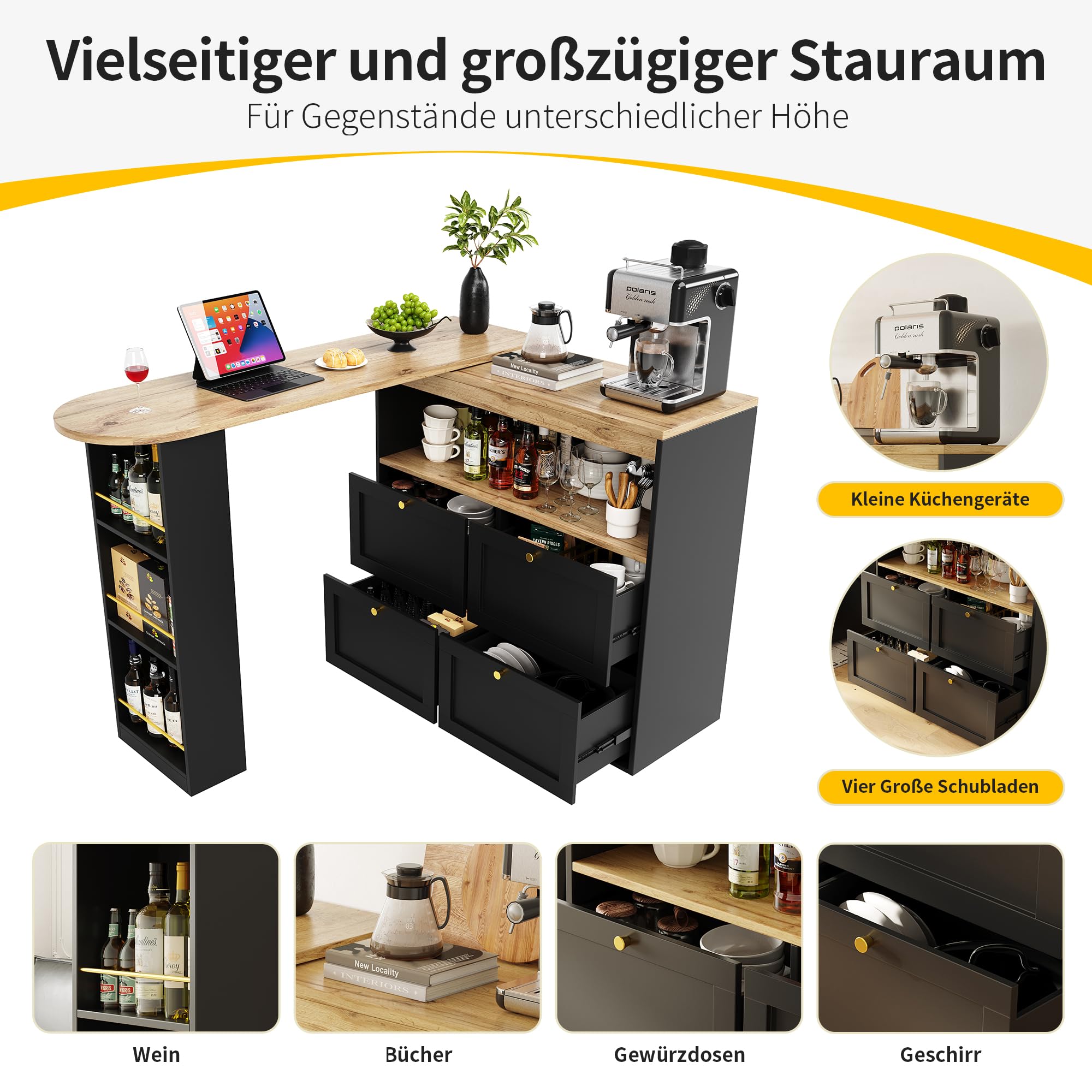 Bartisch Klappbar mit 4 Schubladen, 360° Drehbare Bartisch Küche mit Ablageflächen, Moderner Beweglicher Bar Tisch, Bar Table, Hochtisch, Kücheninsel, (105-138 x 39 x 102 cm), Schwarz