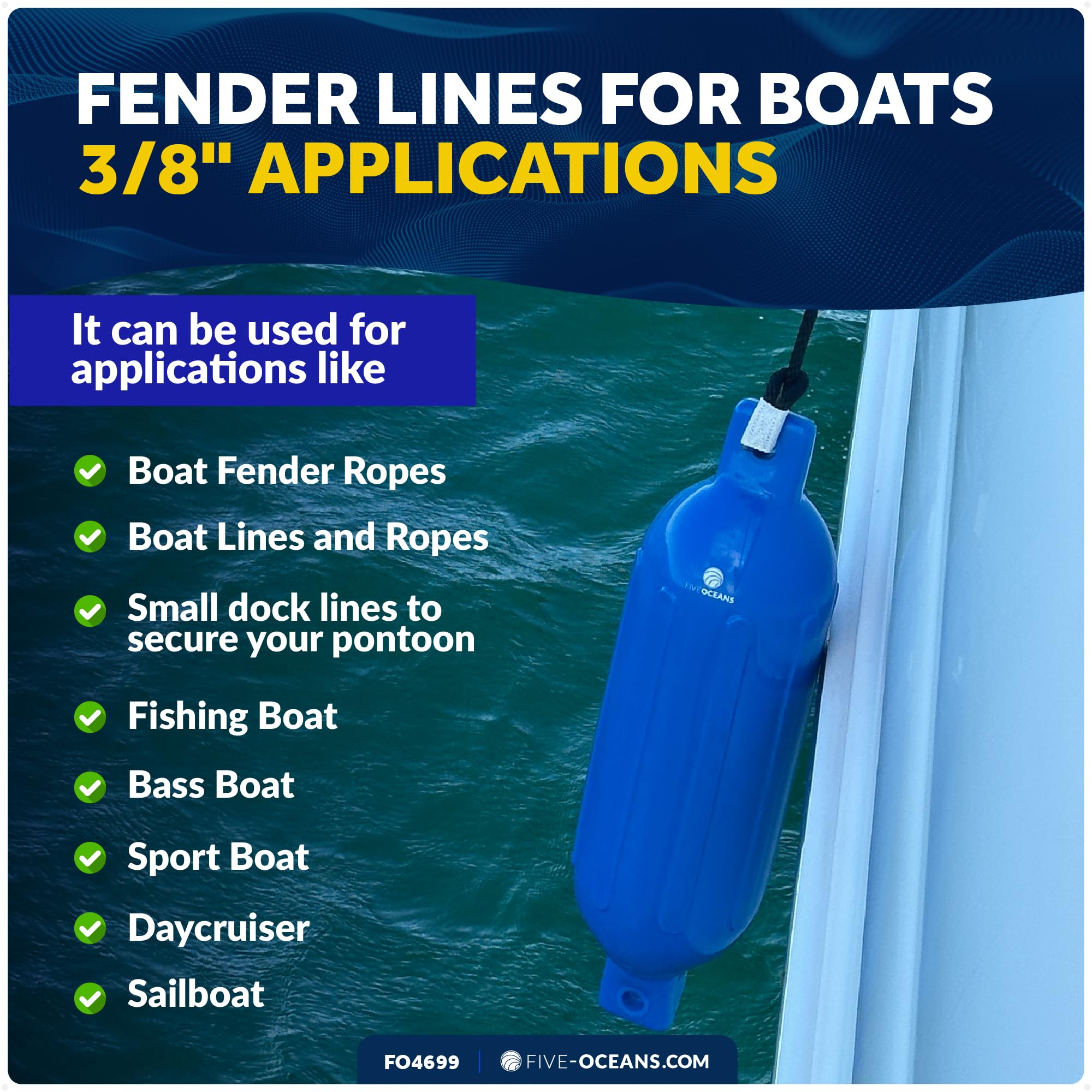 Five Oceans 4 x Bootsfenderleinen mit 12,7 cm Öse, Bootsseile zum Andocken mit Schlaufe, Marineblau, Premium-Nylon, doppelt geflochtenes Bootsseil – FO4699
