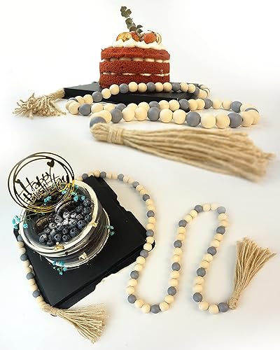 Miniatura 4 de Guirnalda de cuentas de madera con borlas, guirnalda de cuentas de madera de 61 pulgadas, decoración moderna de granja, decoración bohemia para el