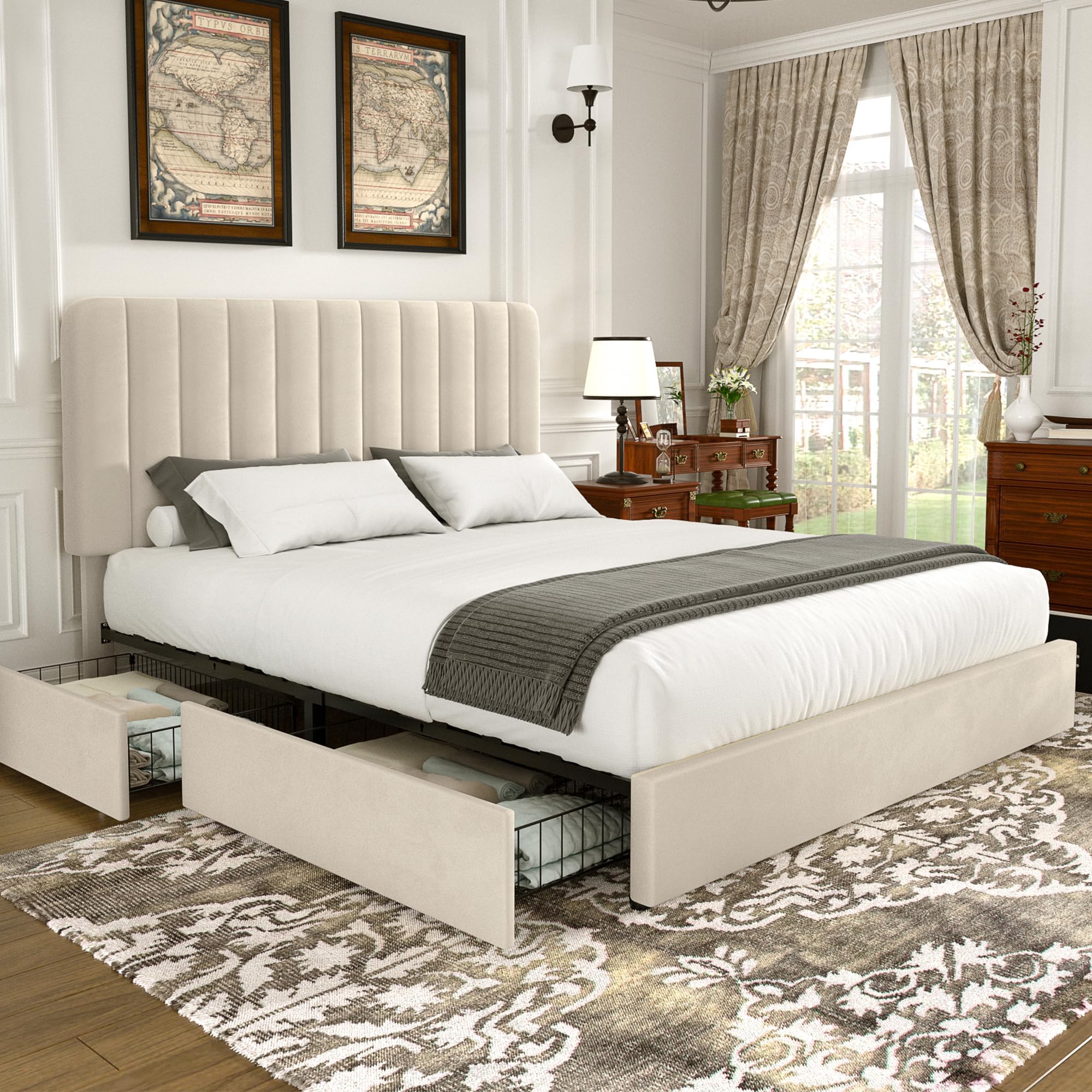 VECELO 4ft6 Double Bed Frame with 4 Storage Drawers, Velvet Upholstered Bed with Headboard, Wooden Slats Support, No Box Spring Needed, Beige
