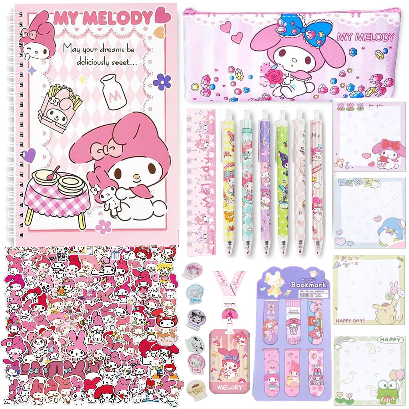 MMOOUP Kawaii School Supplies Set, Cute Stationary Back to School Gift Set for Girls, Includes Cartoon Journal, Pencil Case, Ballpoint Pen, Stickers, Sticky Notes (pink)