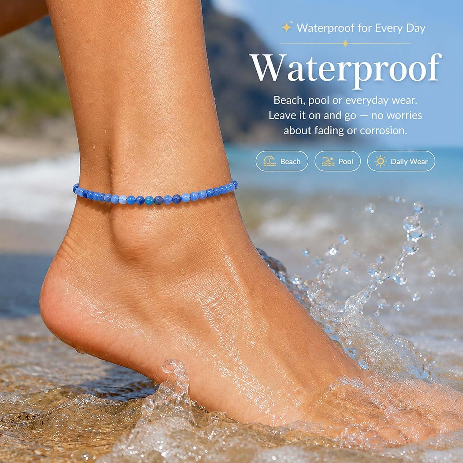4mm Natural Stone Beads Ankle Bracelets for Women, Gold Plated Anklet image 3