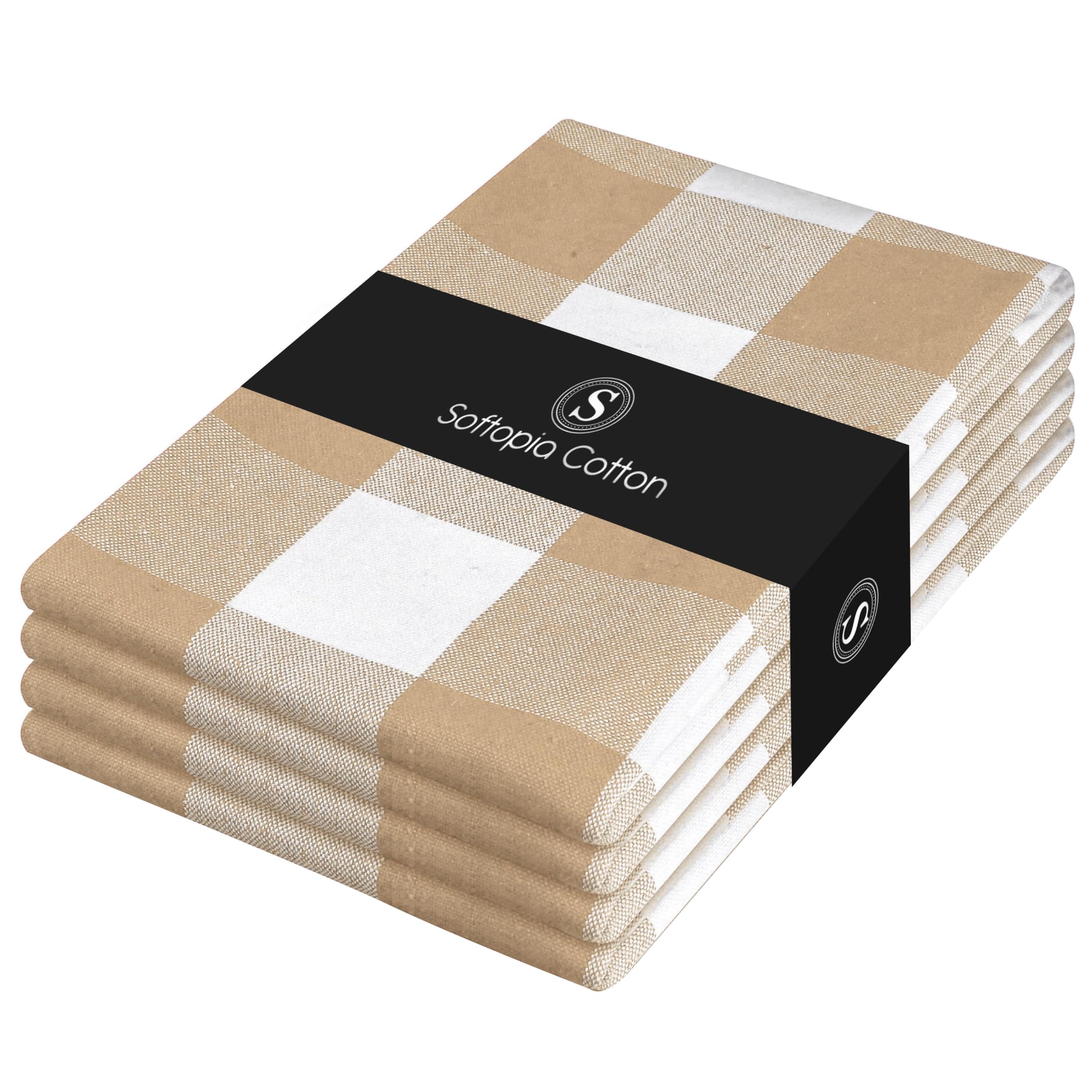 Buffalo Check 4 Pack Kitchen Towels, 16x26 Inches, Classic Farmhouse Plaid Dish Towel, 100% Cotton, Absorbent, Washable for Drying Dishes, Cleaning, Everyday Kitchen Use, Beige White