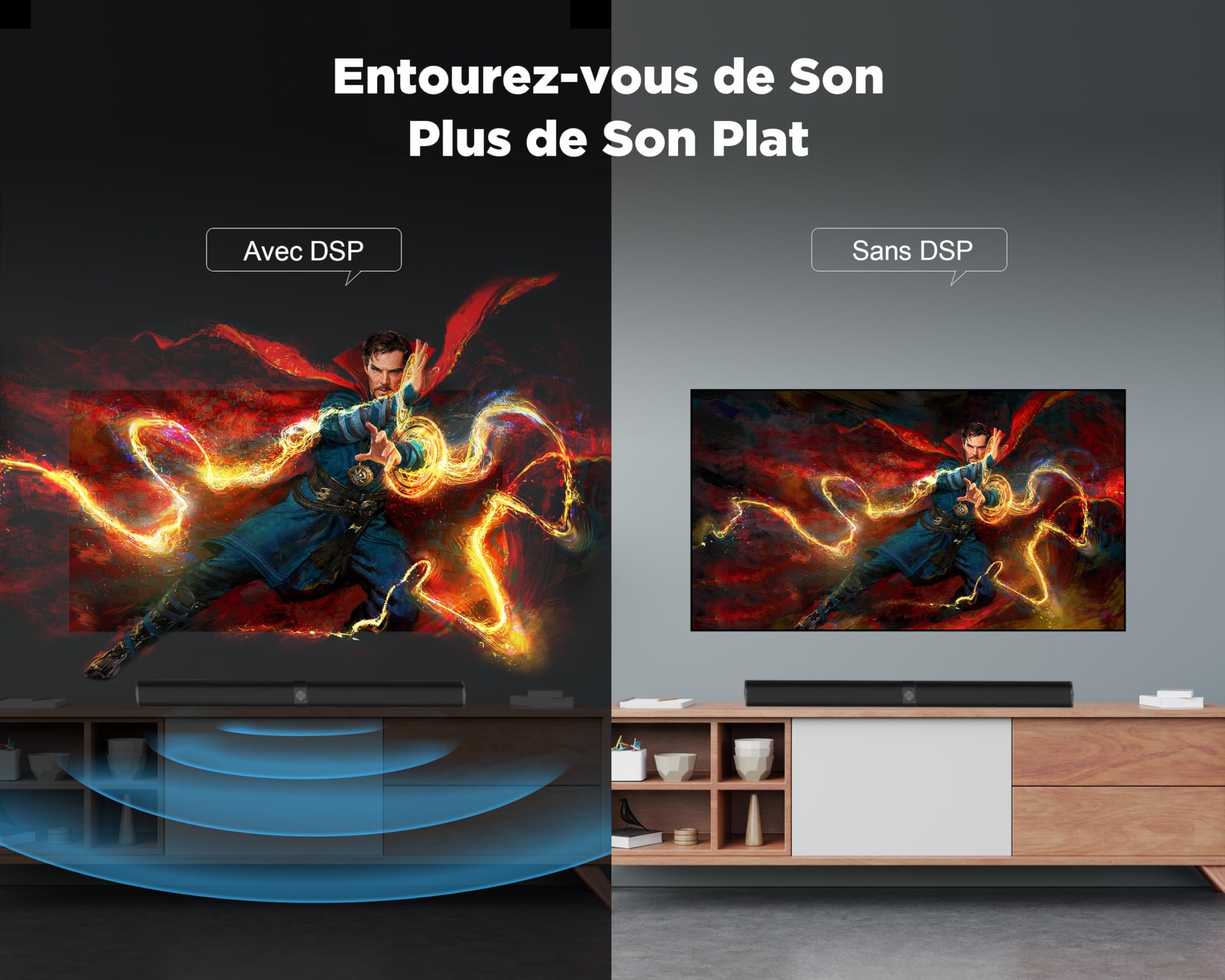 GarageRock Barre de Son TV 2 en 1 Divisible, Haut-parleurs Stéréo avec 3 Modes d'Égalisation, Arc/Opt/AUX