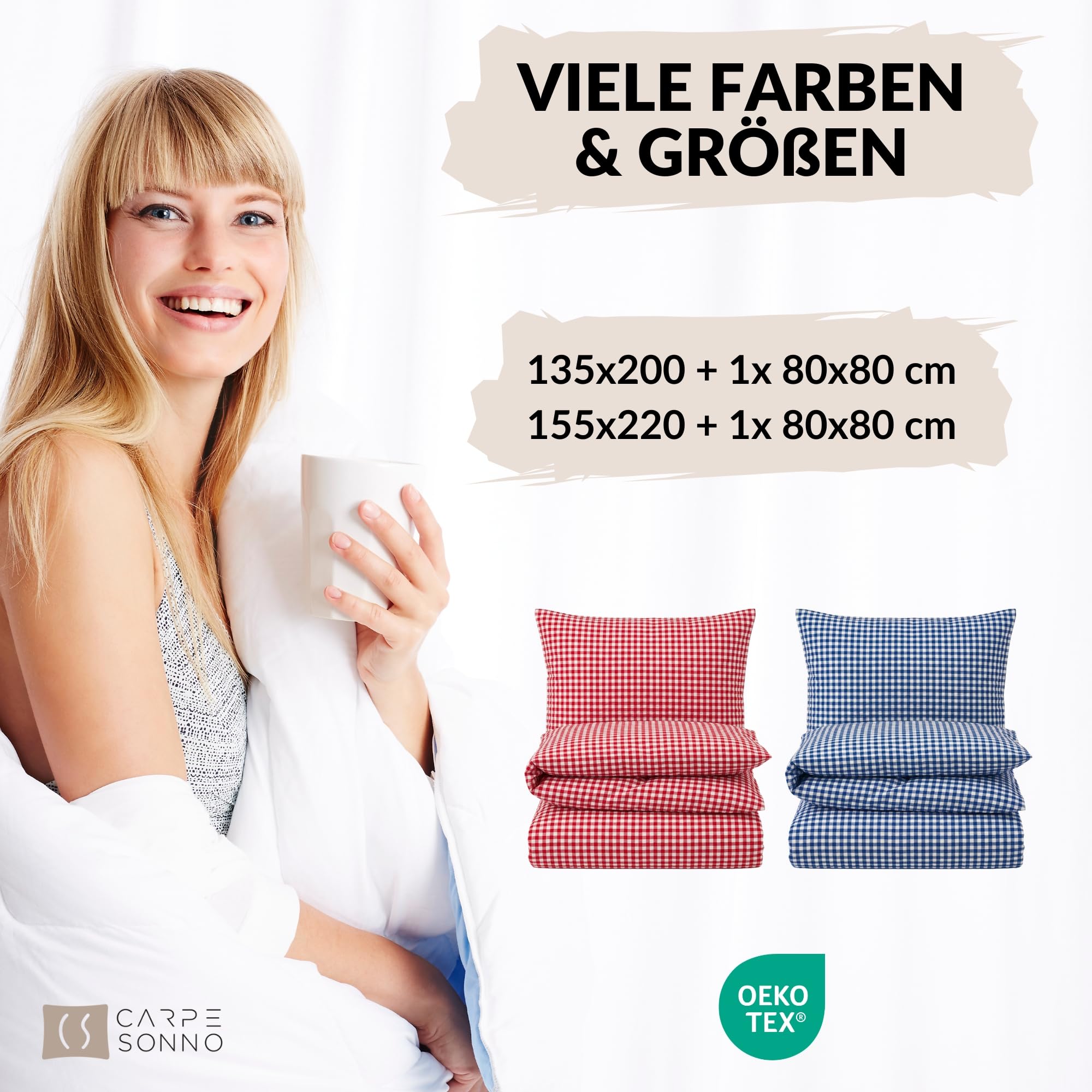 Carpe Sonno Seersucker Bettwäsche 135x200 Baumwolle [Bügelfrei] | Leicht kühlende Bettwäsche Seersucker 135x200 | Sommer Bettbezug 135 x 200 mit Reißverschluss | Sommerbettwäsche kariert Rot Weiß