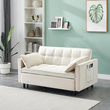55" Three-in-One Convertible Sleeper Sofa, Modern Velvet Love Seat, Pull-Out Sofa Bed with Fiber Cotton Curved Backrest Pillow Side Pockets for Living Rooms, Beige
