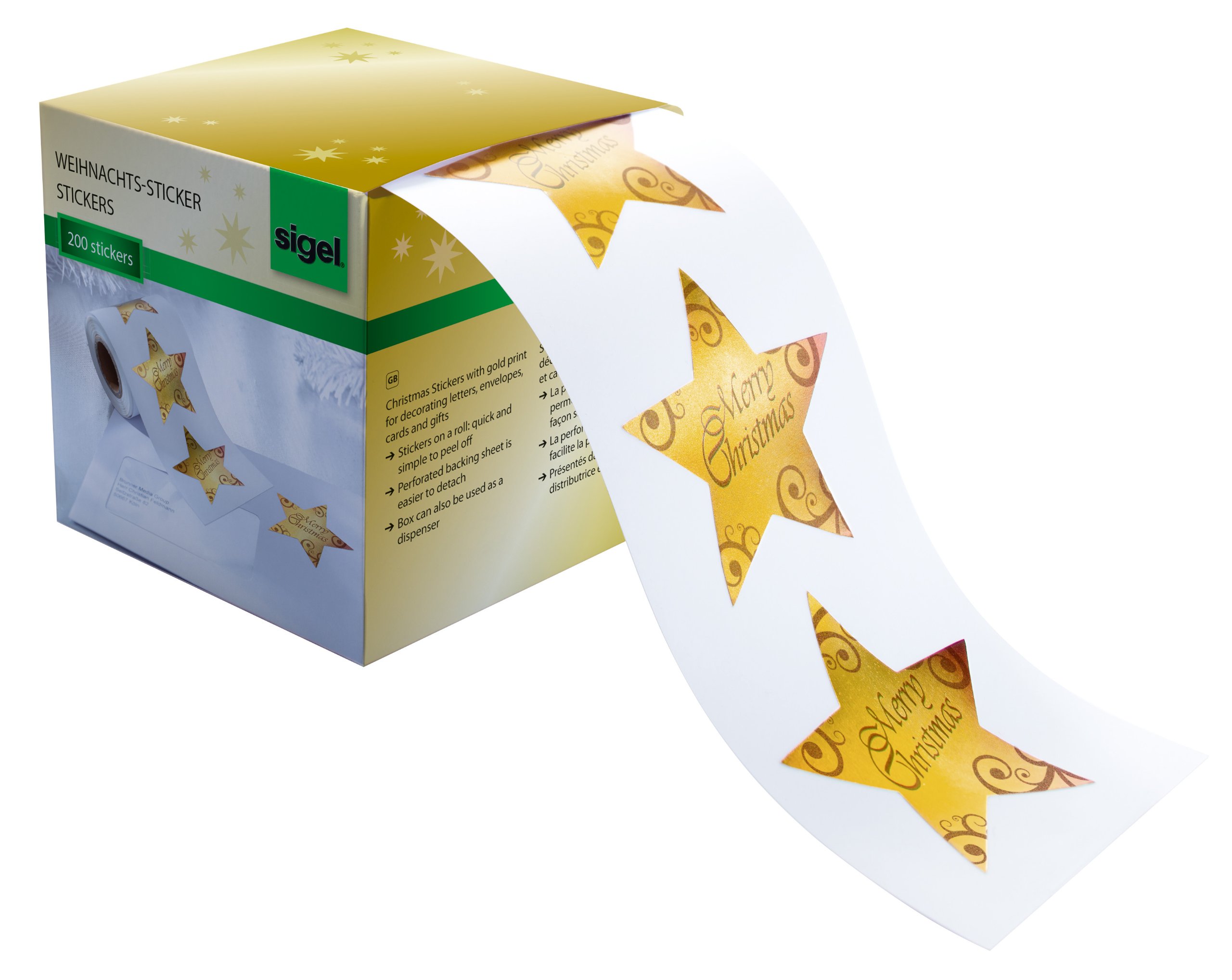 SIGEL CS112 Christmas Stickers on a roll "Christmas Stars", 200 stickers, gold