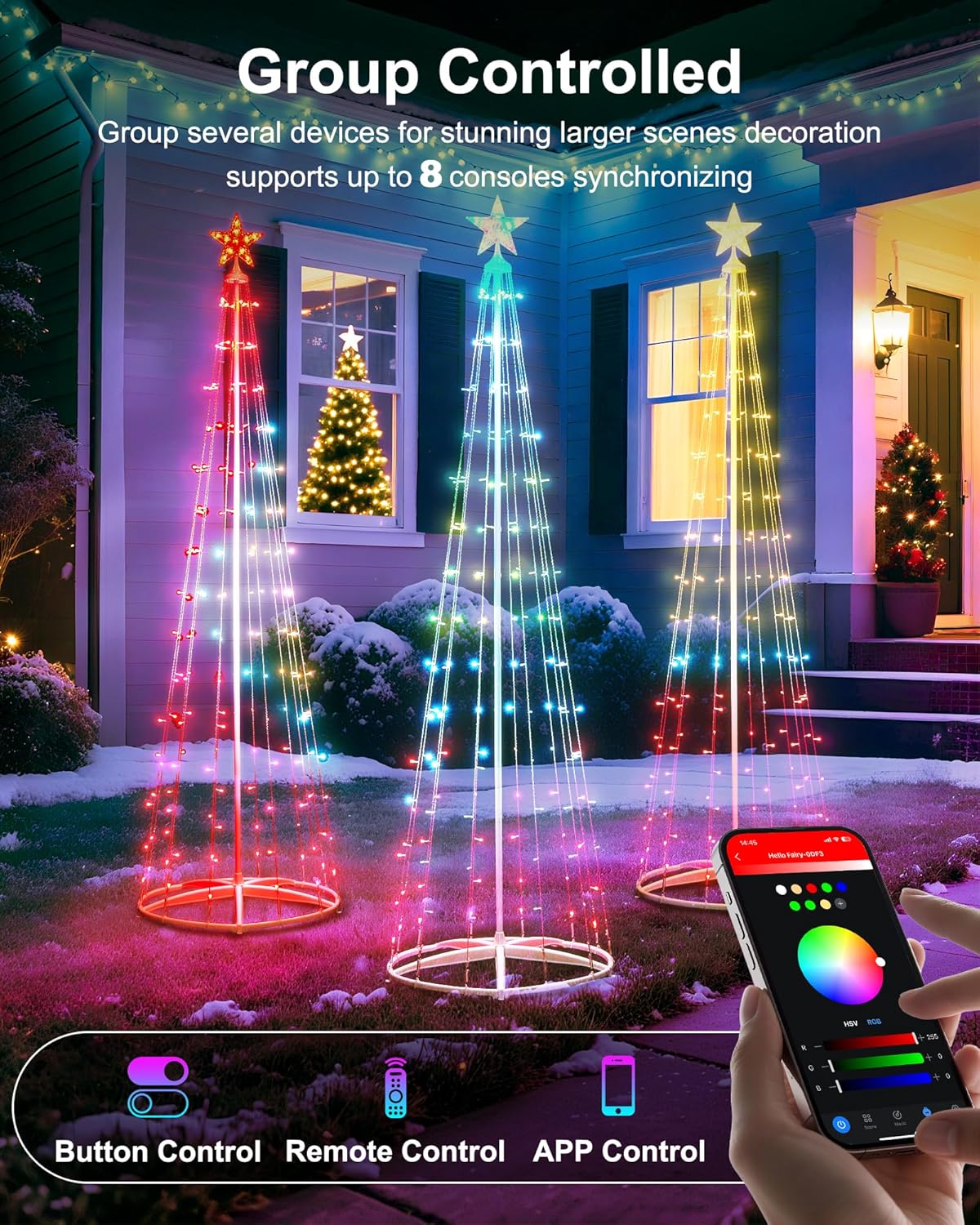 7.5Ft Smart LED Christmas Cone Tree Light, Lighted Artificial Tree with Star Topper, Music Sync with Remote APP Control, DIY RGB Light Show Tree for Xmas Indoor Outdoor Decorations (RGB)