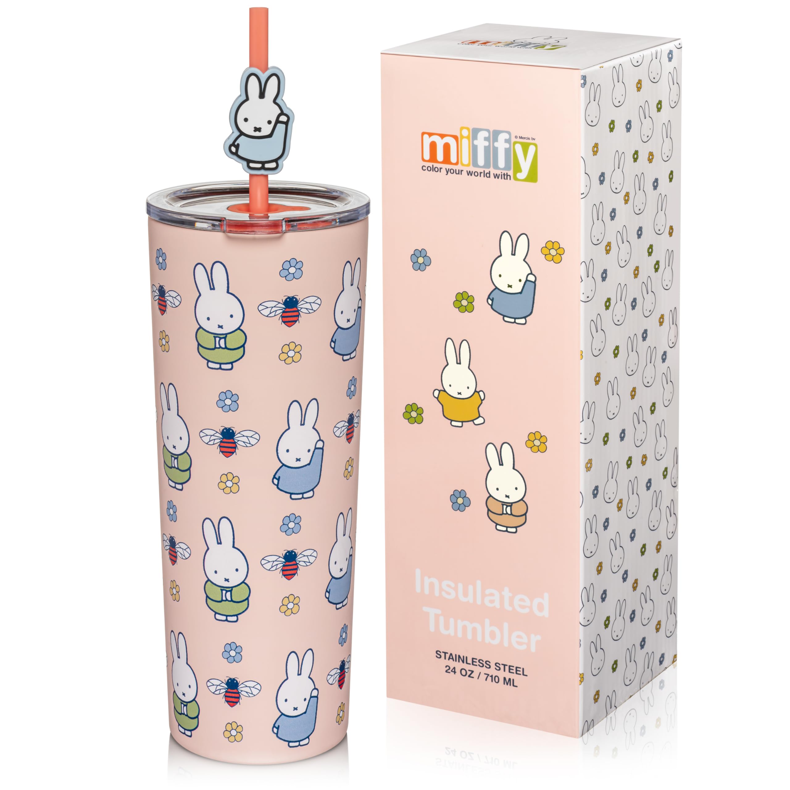 Dragon Glassware | Miffy Stainless Steel Tumbler with Straw, 24 oz - Pink | Vacuum Insulated Stainless Steel Tumbler with Straw & Lid; Double Walled Tumbler with Straw Charm; Miffy Cup with Lid