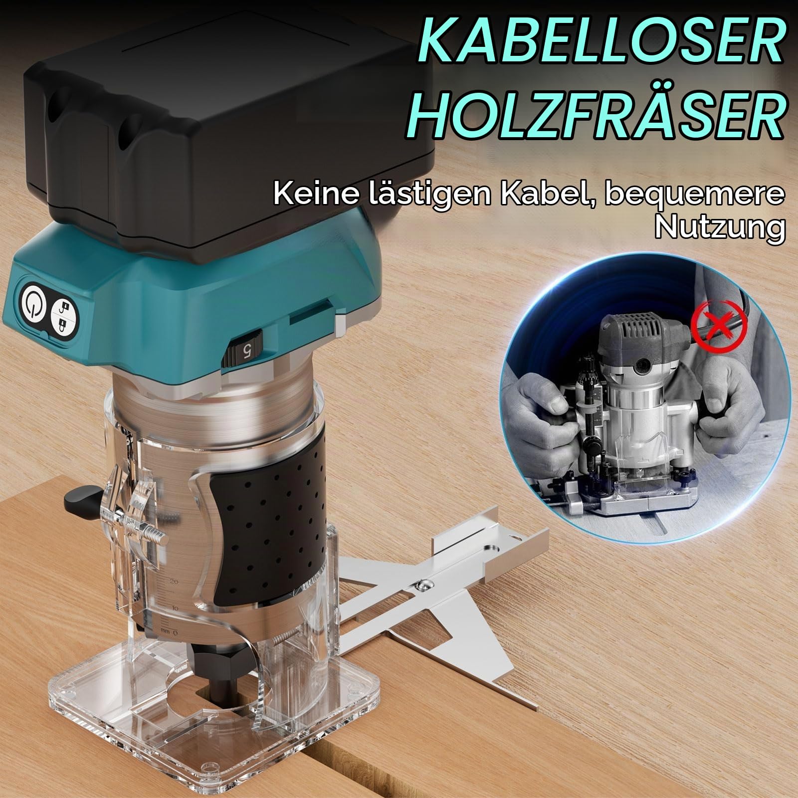 Akku Oberfräse kompatibel mit Makita 18V Akku, Trimmer Einhandfräse Kantenfräse Holz Fräse Multifunktionsfräse,bürstenloser Motor,5 Geschwindigkeiten,800W 30000RPM,Holzbearbeitung (no Akku)
