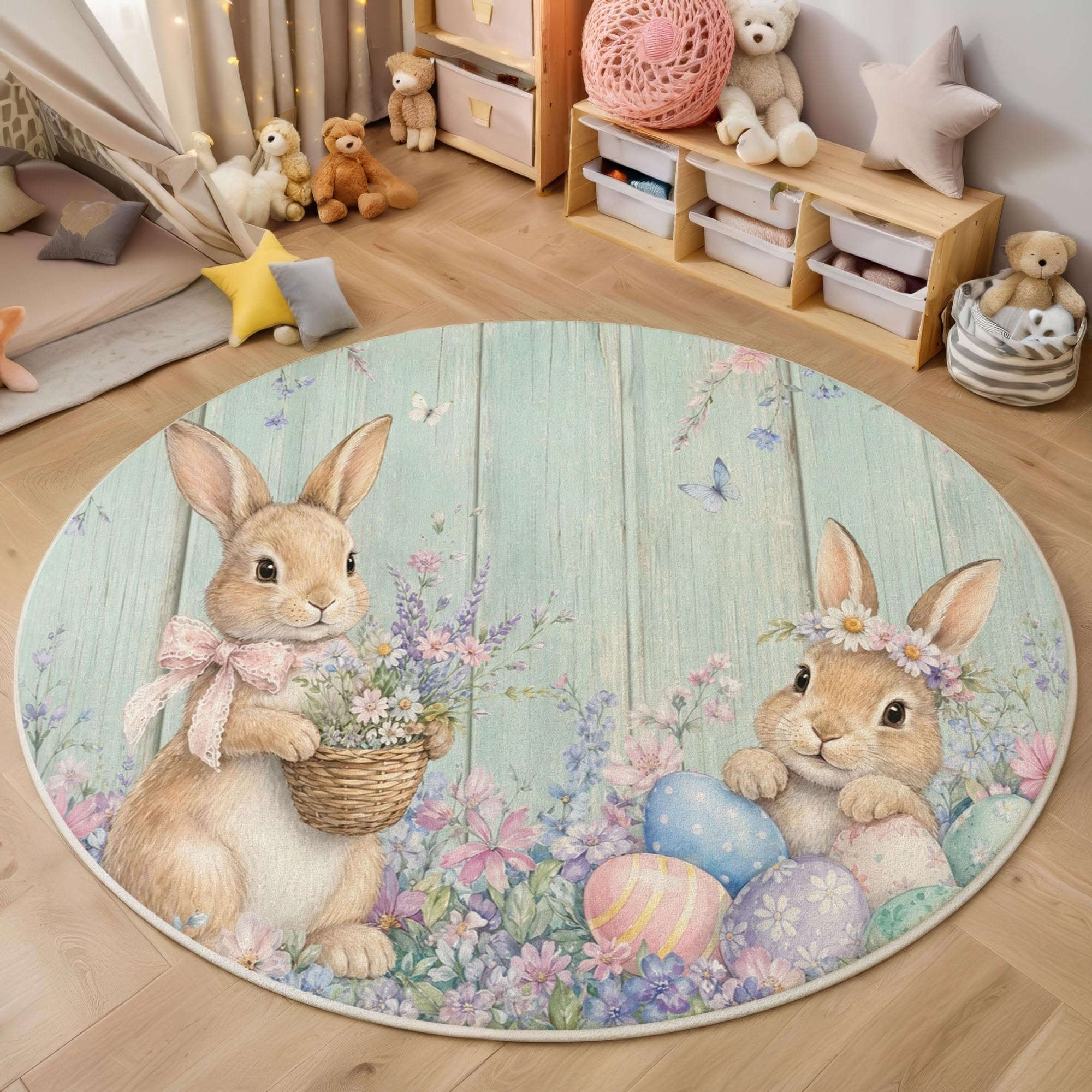 Alfombra Redonda Antideslizante Acogedora, Estilo Preciosa Acuarela con Estampados Huevo De Pascua De Conejo, para Dormitorio Apartamento Dormitorio, Lavable Pila Baja 160cm
