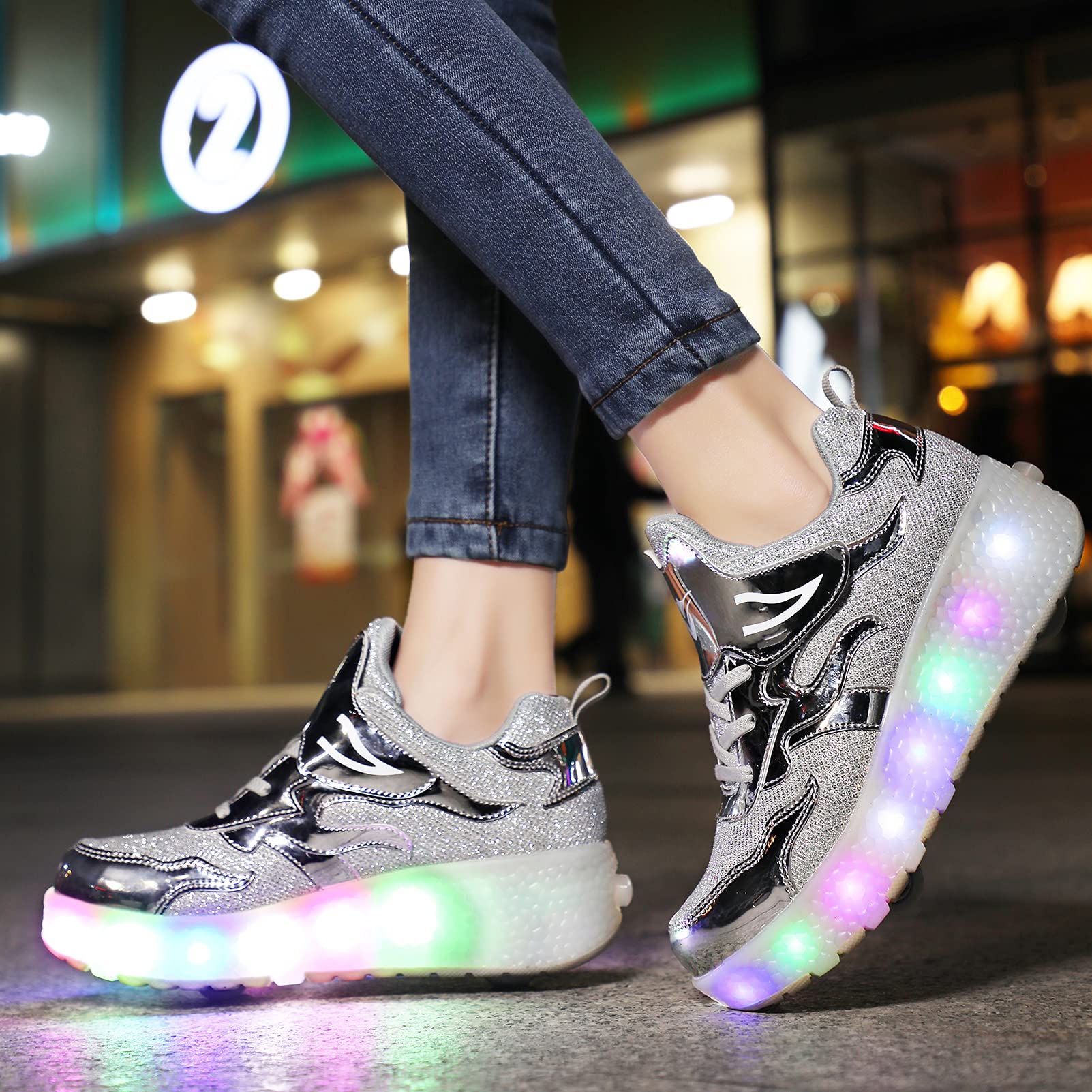 USB Recargar Skateboarding Zapatos Luces LED Coloridos Parpadeante Zapatos de Skate Rueda Doble Zapatillas Calzado Deportes de Exterior Gimnástico Sneakers Regalo de cumpleaños para Chico