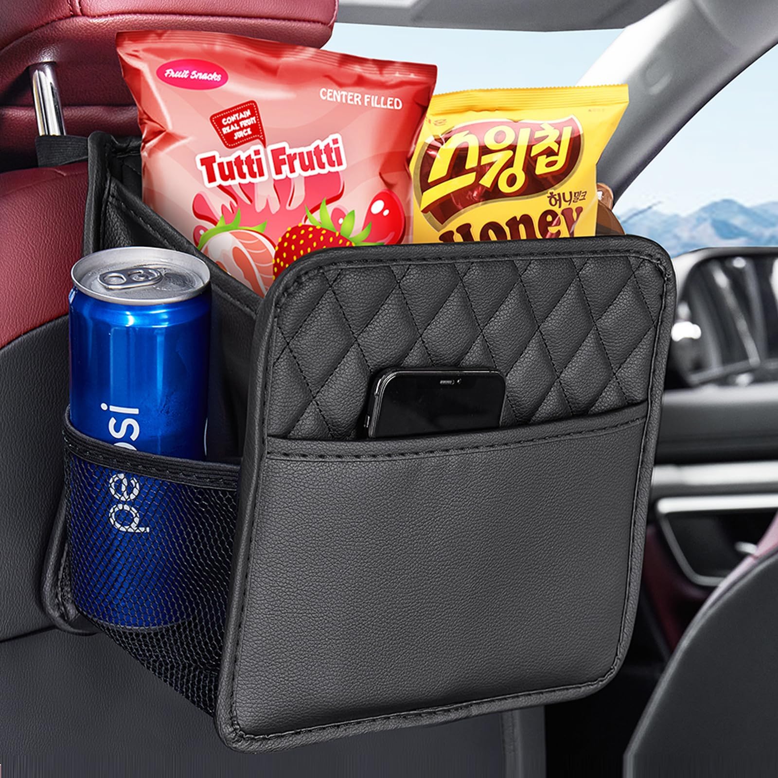 Backseat Car Organizer, Large Hanging Car Organizer Backseat Leather Front & Backseat Multifunctional Waterproof Car Organizers and Storage Back Seat (Black 1Pack)