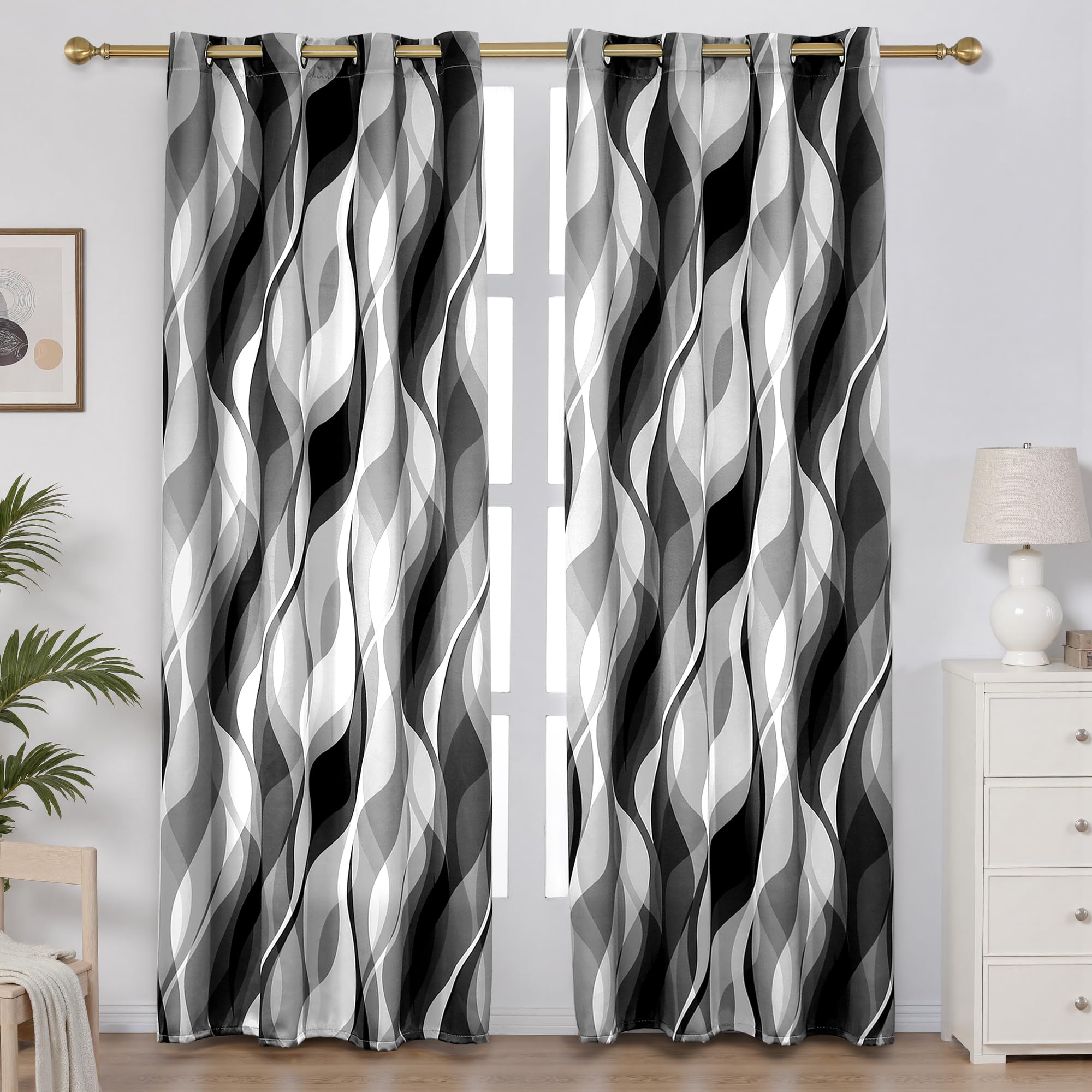 weesire Black and Grey Curtains Modern Striped Decorative 50% Light Blocking Darkening Grommet Grey Curtain for Living Room Villa, Bedroom Gray and White 2 Panels Set, 52x84 Inches