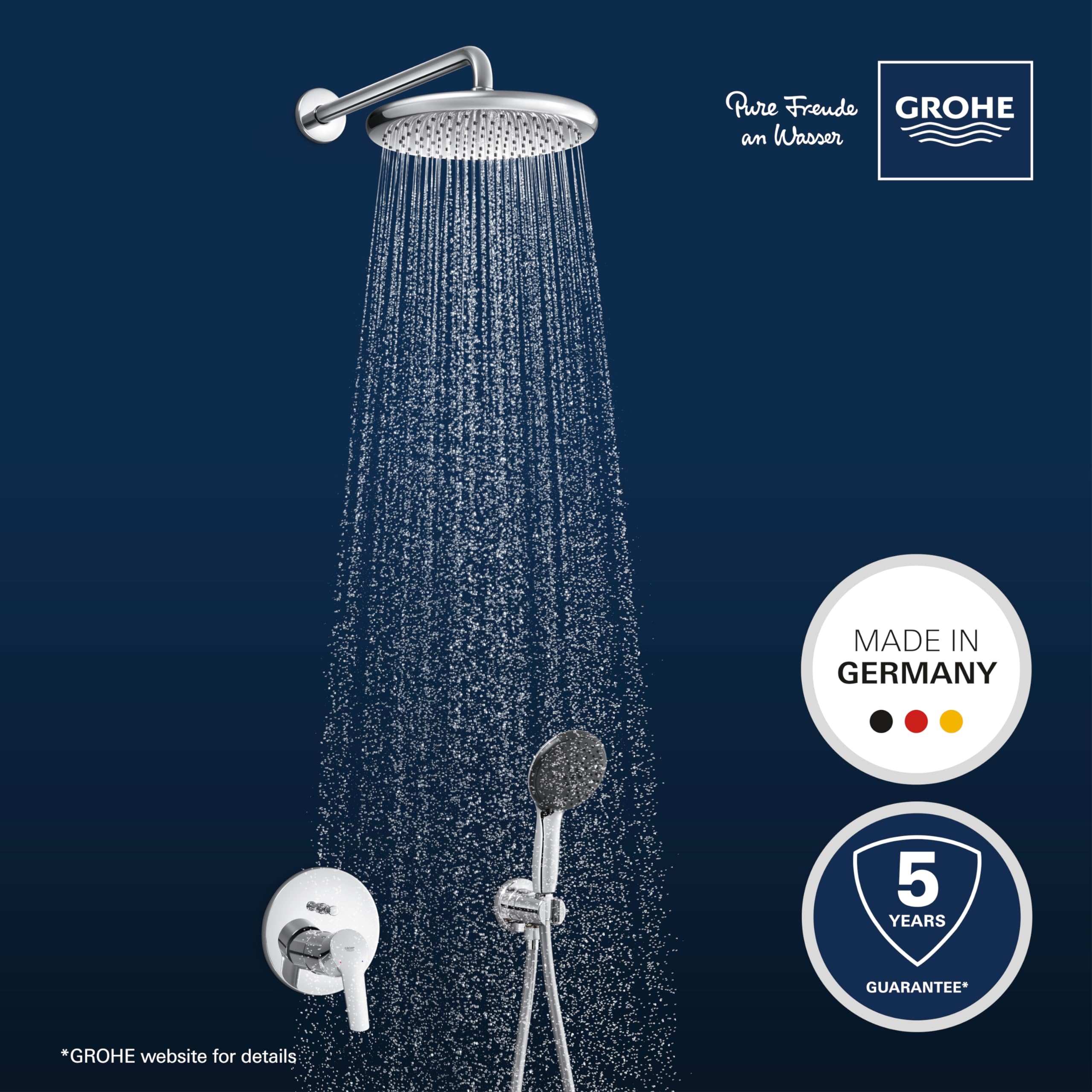 GROHE Start 250 – system prysznicowy (250 mm głowica prysznicowa z 1 rodzajem strumienia, 2 strumienie, uniwersalne pudełko do zabudowy, wąż prysznicowy 150 cm), okrągły, chrom, 25292000