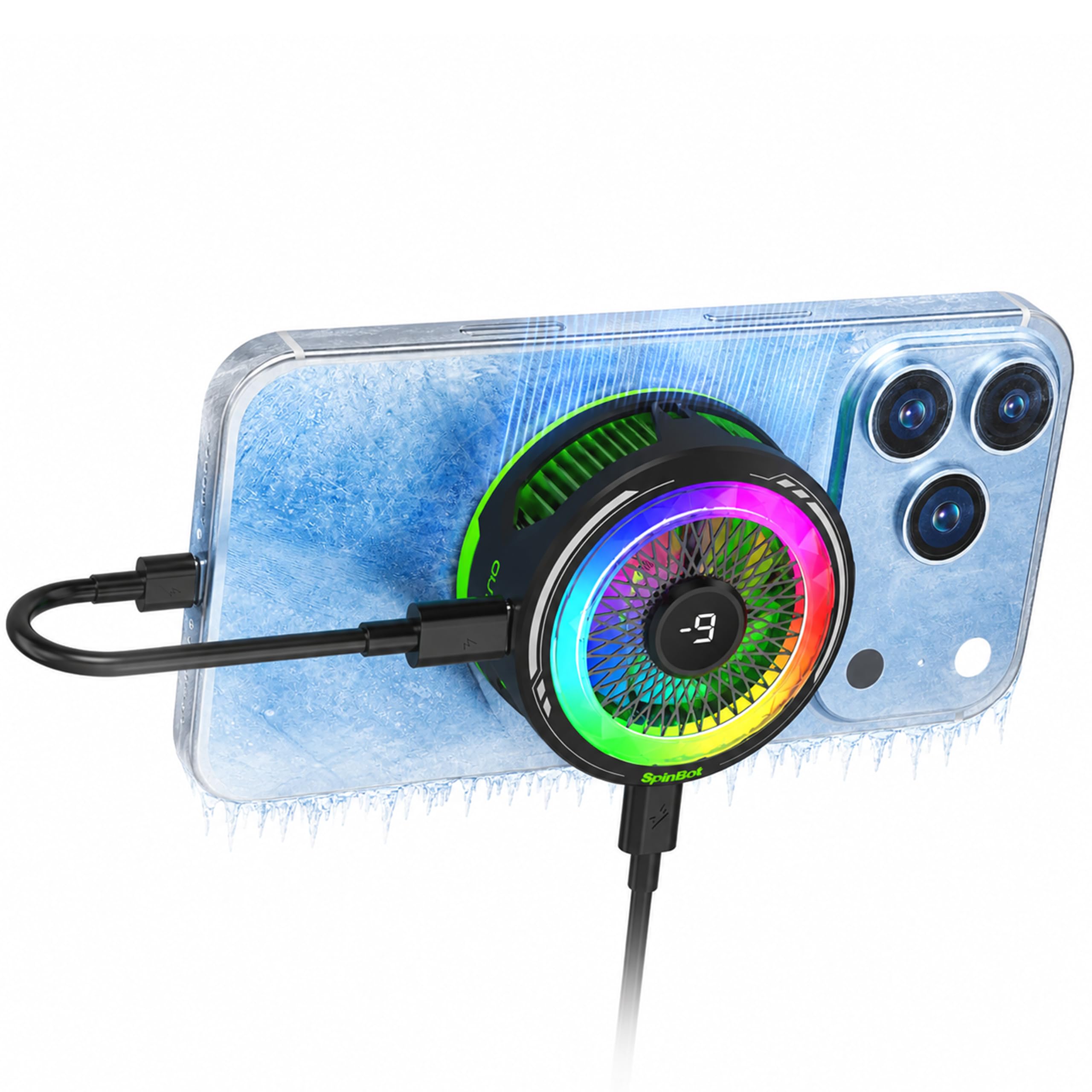 SpinBot IceDot Mag V2 Charge Magnetic Phone Cooler for Gaming | 20W Semiconductor Cooling | Pass-Through Charging | 5 Cooling Modes | Overclock Mode | RGB Temperature Display