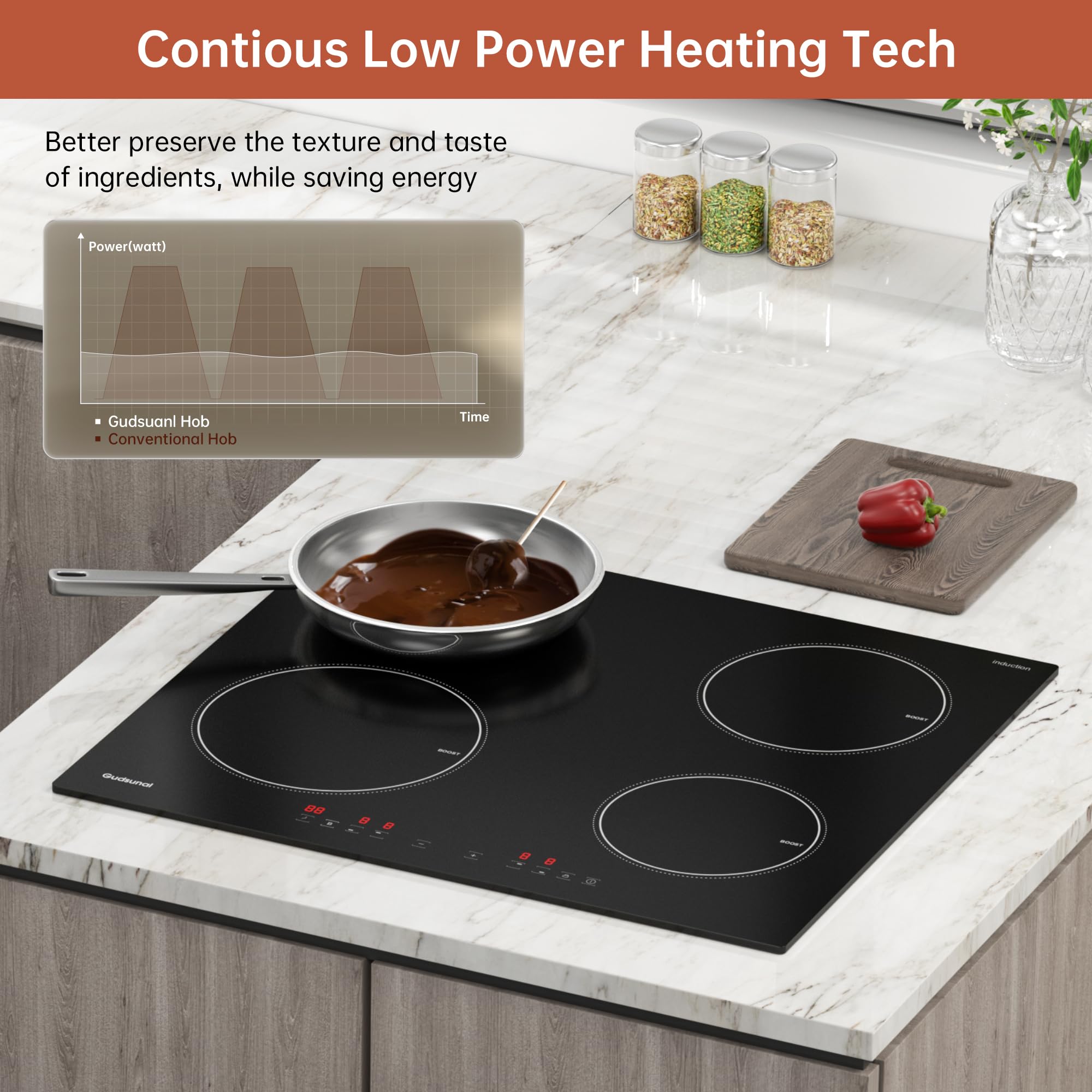 Induction Hob, 4 Cooking Zone, 60 cm, 7200W, Continuous Low Power Heating, Booster, 9 Heat Levels, Timer, Auto Shut-Off, Child Safety Lock, Pan Sensor,Hard Wired, No Plug — view 4