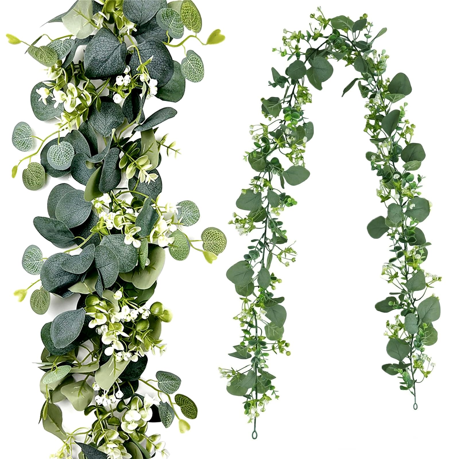 Minicoco 2 Pack Artificial Eucalyptus Garland 5.91FT，Fake Hanging Plants Vine with White Flowers，Realistic Greenery Garland for Wedding Arch Backdrop Table Runner Decor Indoor Outdoor Home Party