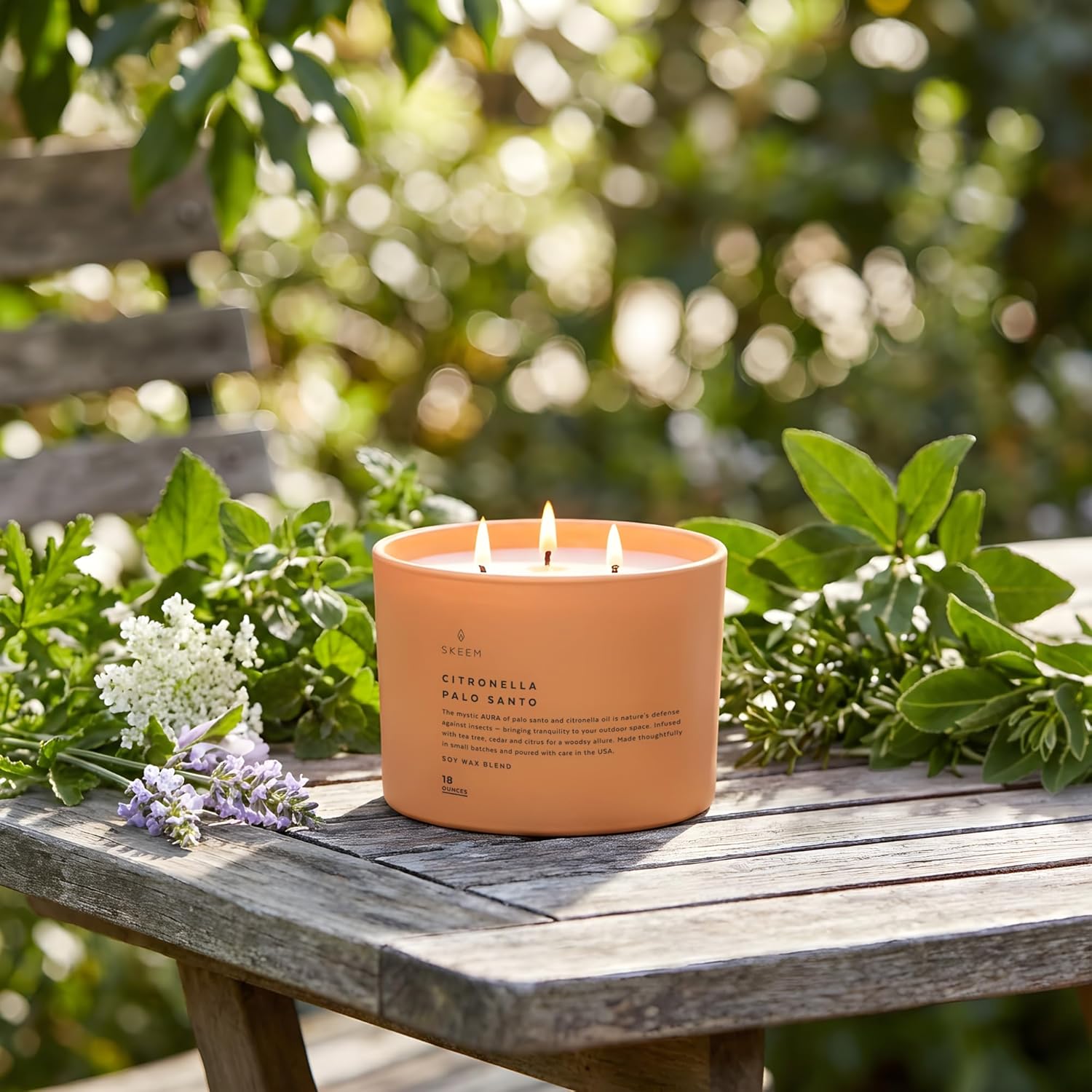 Skeem Aura Citronella 3-Wick Candle - Palo Santo Scented Candle - Palo Santo & Cedar with a Citrus Twist - Soy Wax, All Natural Oils - 80 Hour Burn Time