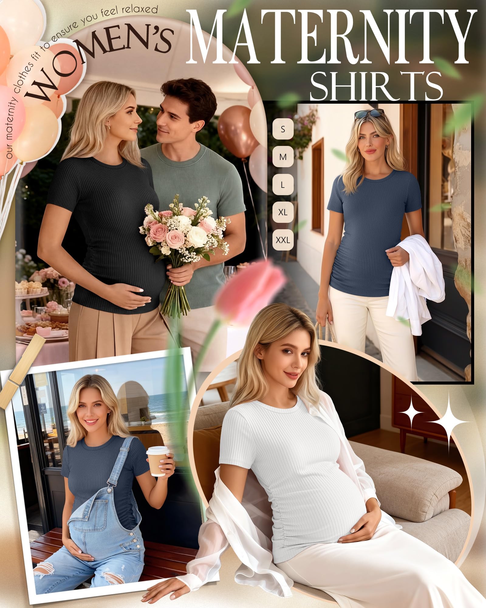 Ficerd Paquete de 3 Camisetas de Maternidad de Algodón, Manga Corta, Arrugas Laterales, Tejido Canalé