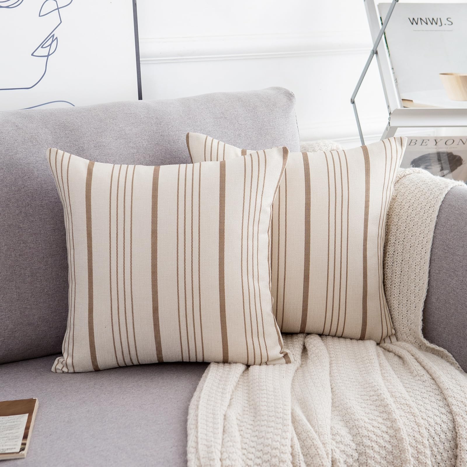 LRartdeco Fundas Cojines 40x40 Cojines Decorativos Fundas Cojines Sofa Juego de 2 Cojines Lino Rayas Marrones Funda Almohada Cuadrado Modernas para Cojines Decorativos para Sofá Cama Coche Hogar