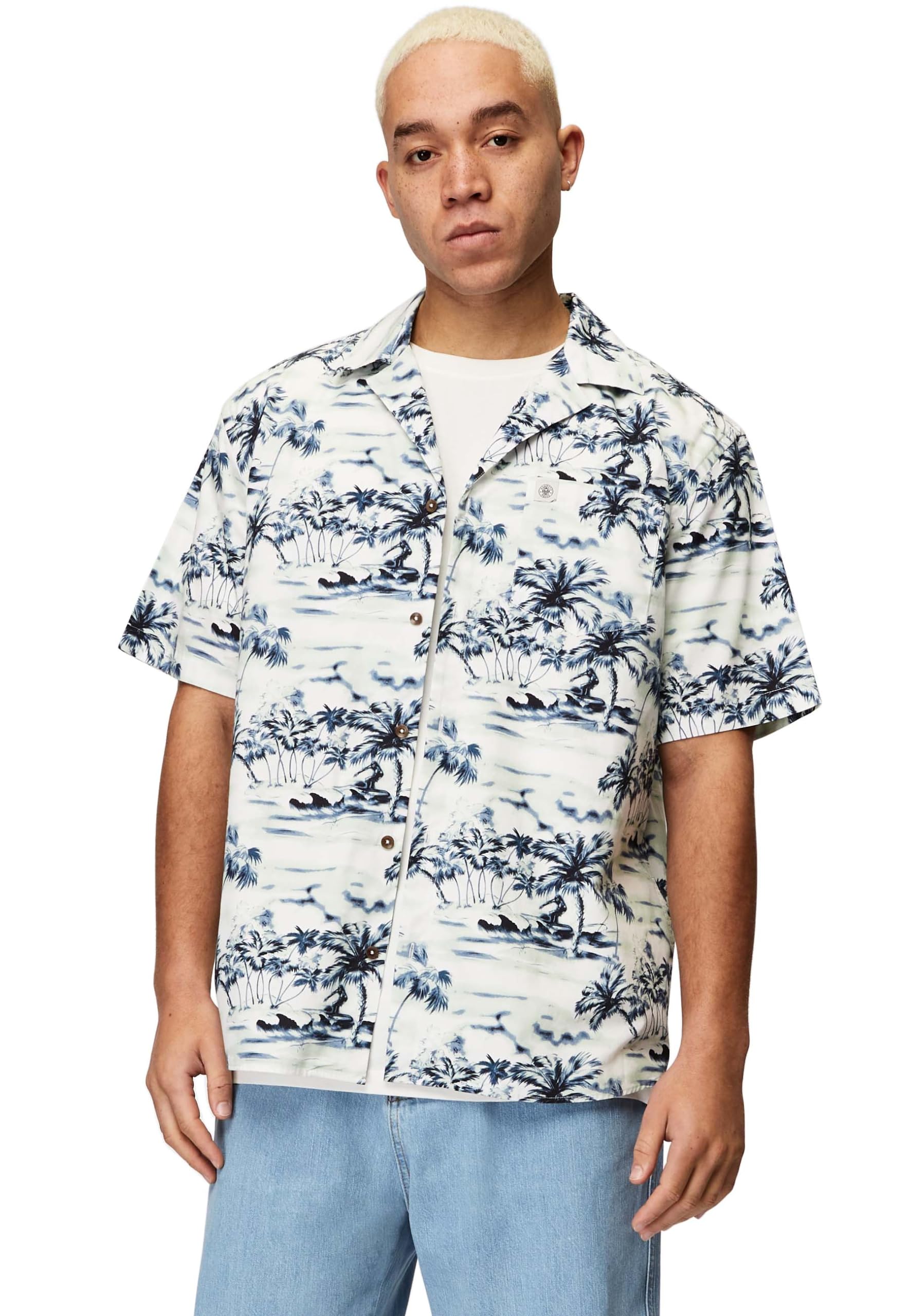Honesty Rules Kurzarm Hawaiihemd Herren, Loose Fit Hemd aus 100% Bio-Baumwolle, nachhaltiges Twill Kurzarmhemd mit Print, Hemdblusenkragen, Brusttasche & Knopfleiste
