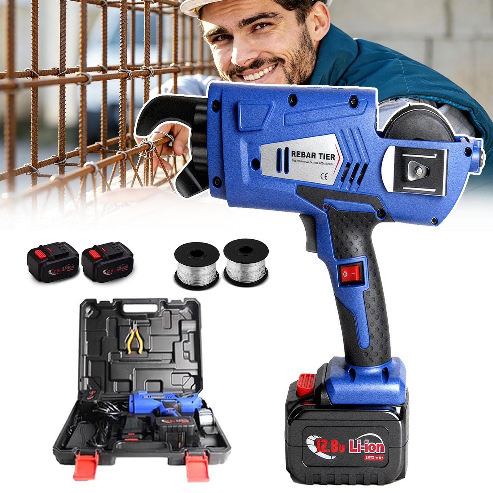 SOTIKARERY 12.8V Automatic Rebar Tier Tying Machine - with 4400mah Rechargeable Batteries - Steel Bar Tie Tool - 2 Battery - 8-34mm Tier Tying Machine