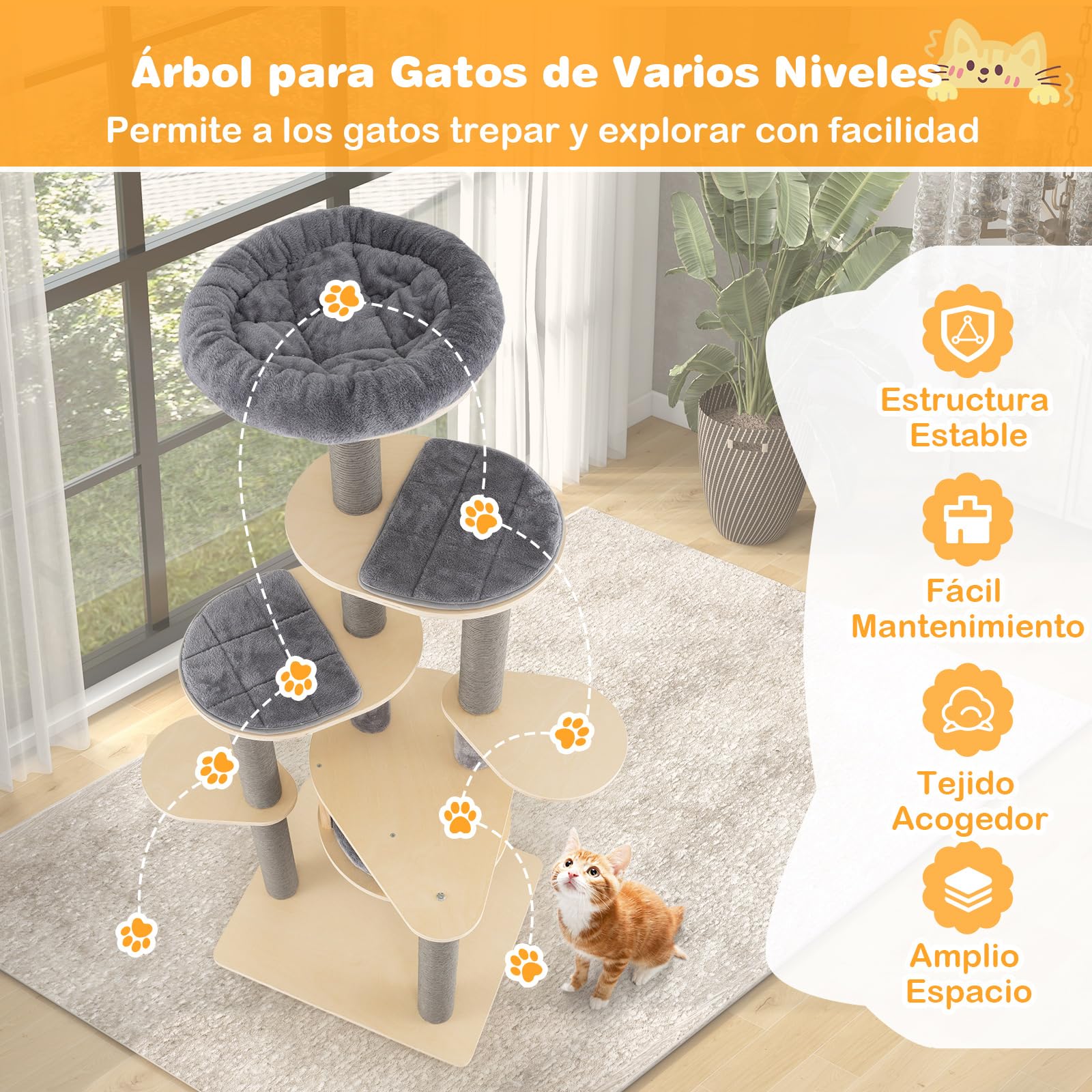 COSTWAY Árbol Rascador para Gatos Grandes de 197 cm, Torre de Escalador para Gatos de Múltiples Niveles con Acolchado Superior, Casa, Alfombrillas Desmontables, Postes para Rascar, Base Estable, Gris