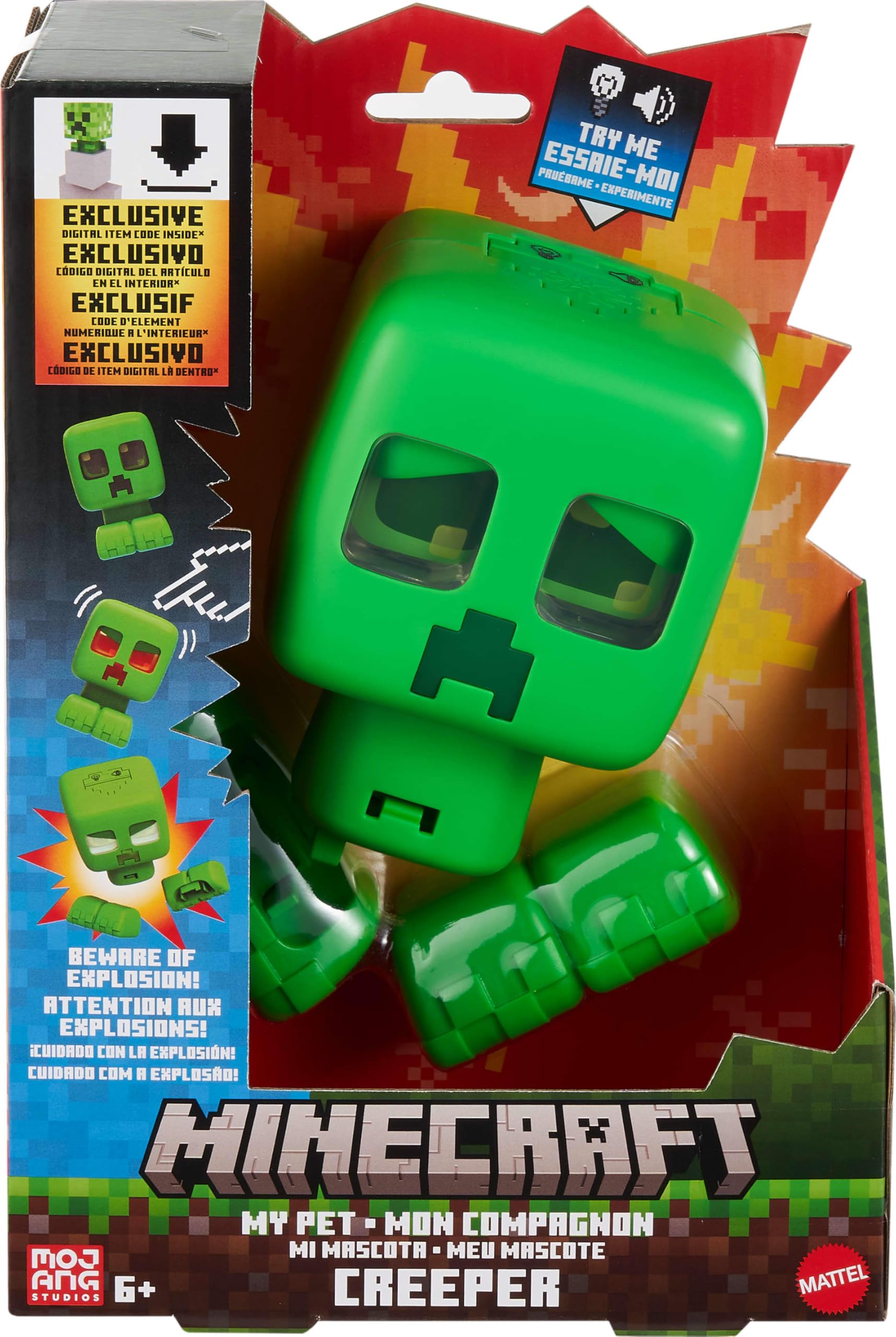 Mattel Minecraft Mein Haustier-Creeper interaktives Spielzeug mit Lichtern, Geräuschen und Explosion, ca. 14 cm große per Knopfdruck aktivierte Figur, JGX49