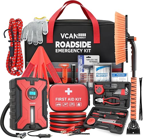 Car Emergency Safety Kit Bag with Portable Air Compressor, Jumper Cables, First Aid Kit, Winter Vehicle Roadsi