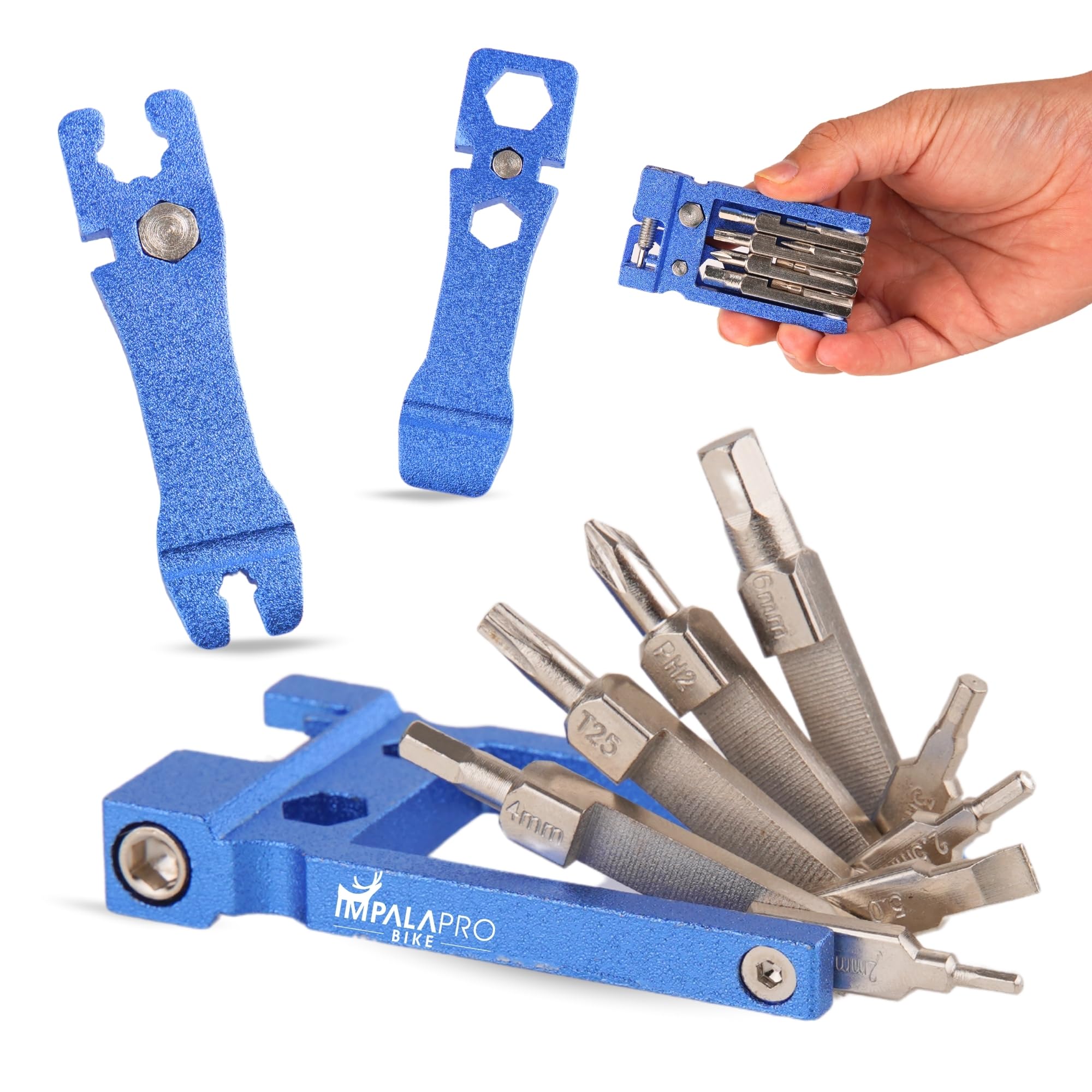 IMPALAPRO Bike Tool Kit Set 20 in 1 Compact and Lightweight (117.5g) Chrome-Vanadium (CRV) - Bike Multi Tool with Chain Breaker - Pocket Tool Kit - Bicycle Repair Kit (Blue)