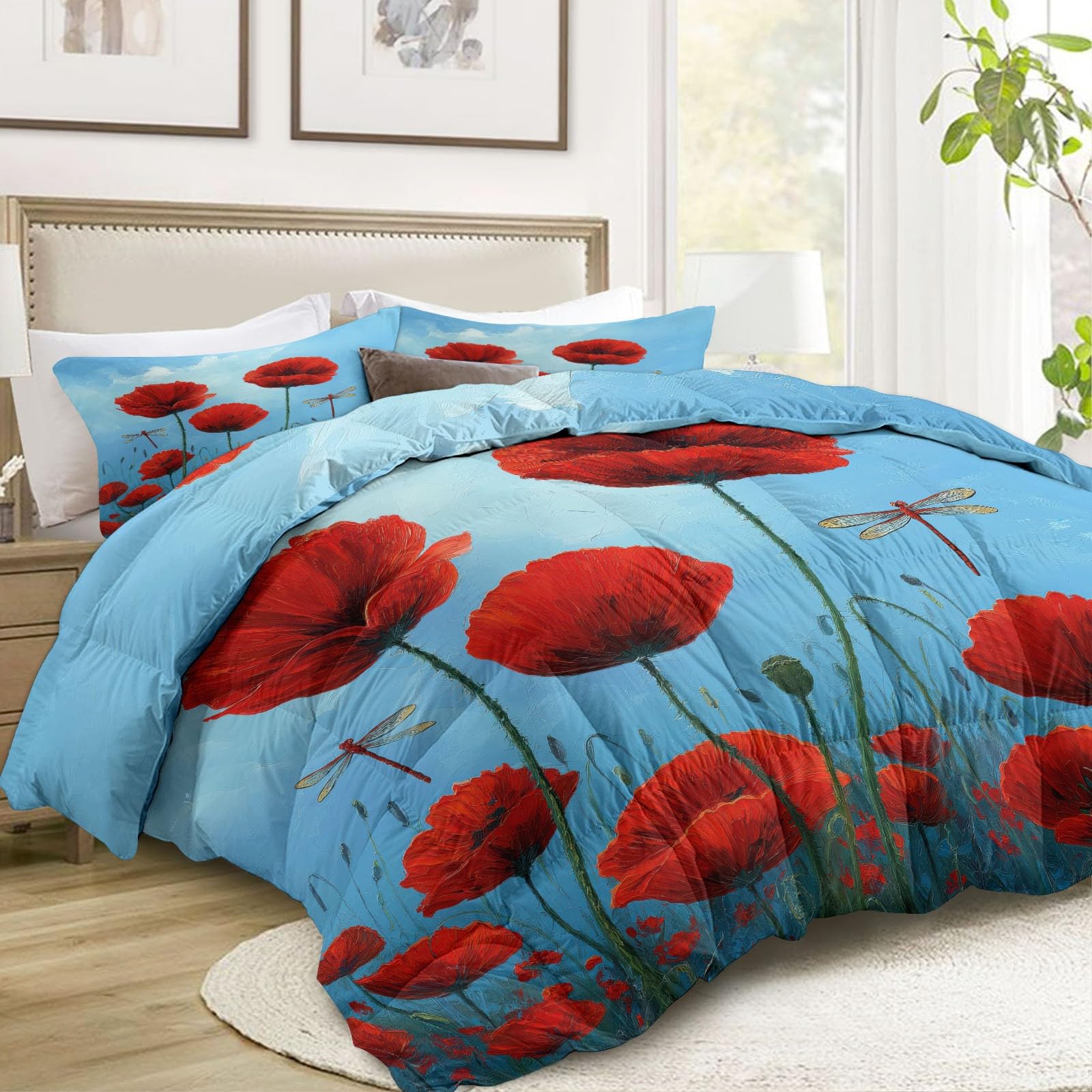 Set Trapunta 3 Pezzi 150x200 cm Fiori Rossi Libellula Piumone Letto 4 Stagioni, Trapuntino Anallergico Soffice, Copriletto Trapuntato Moderno per Adulti Bambini