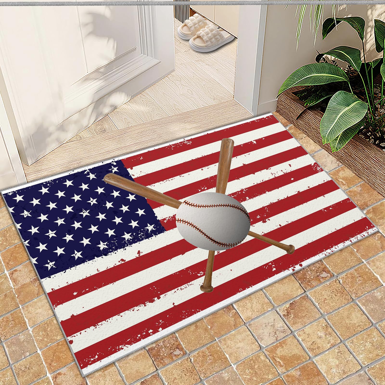 QDJKBL Nordic Retro Flag, Entrance Rug 60 X 120 Cm Baseball Rugby Sports Red White Stripes Doormats, Entrance Carpet With Backing for Foyer