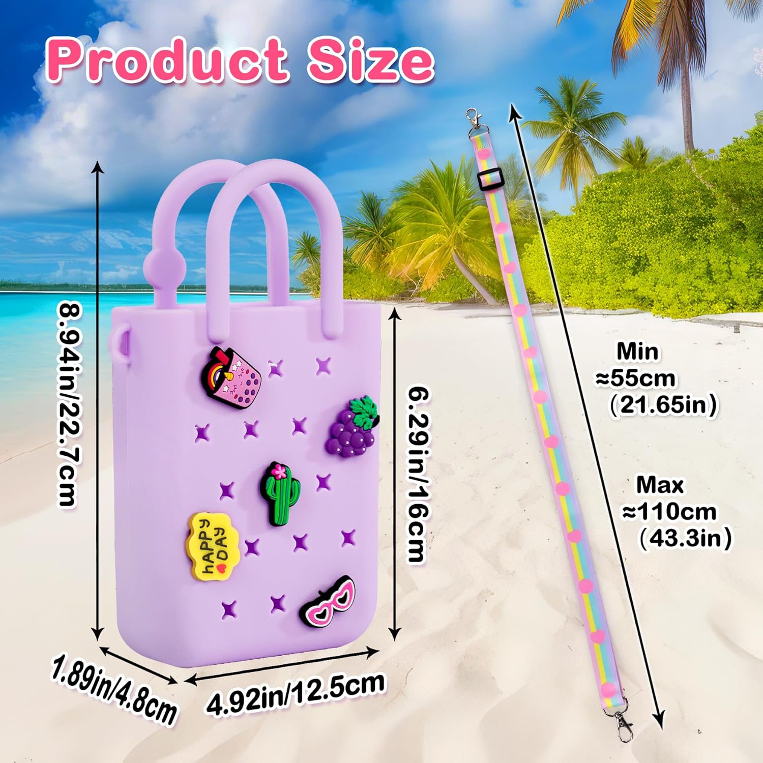 Oudizz Mini Rubber Tote Bag, Silicone Beach Tote for Little Girl & Woman, Cute Bag with 20 Charms & Adjustable Shoulder Strap - Image 4