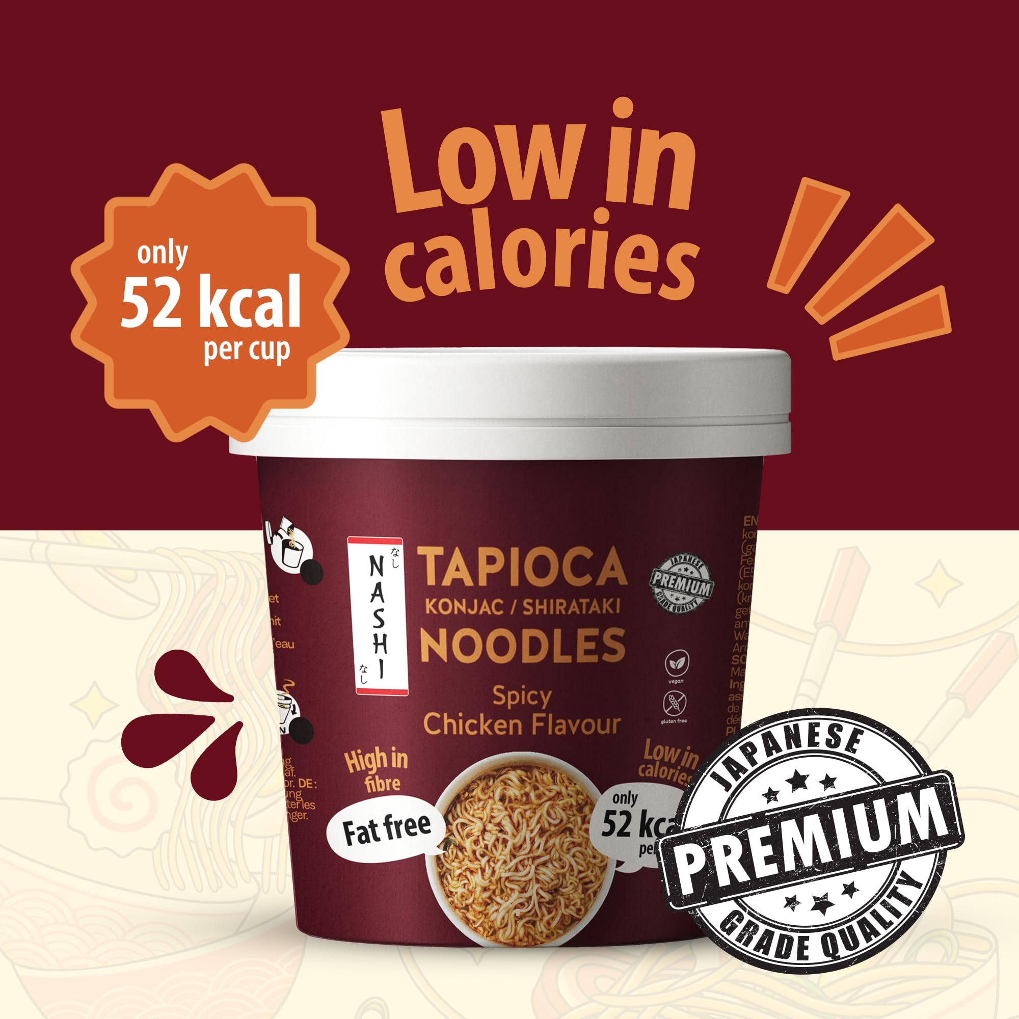 Nashi Tapioca Konjac Shirataki Noodles | Pollo Piccante (6x150g) | Senza Glutine & Grassi | Solo 52 kcal, Ricco di Fibre | Pronto da Mangiare | Alternativa Sana per Dieta Keto e Low Calorie