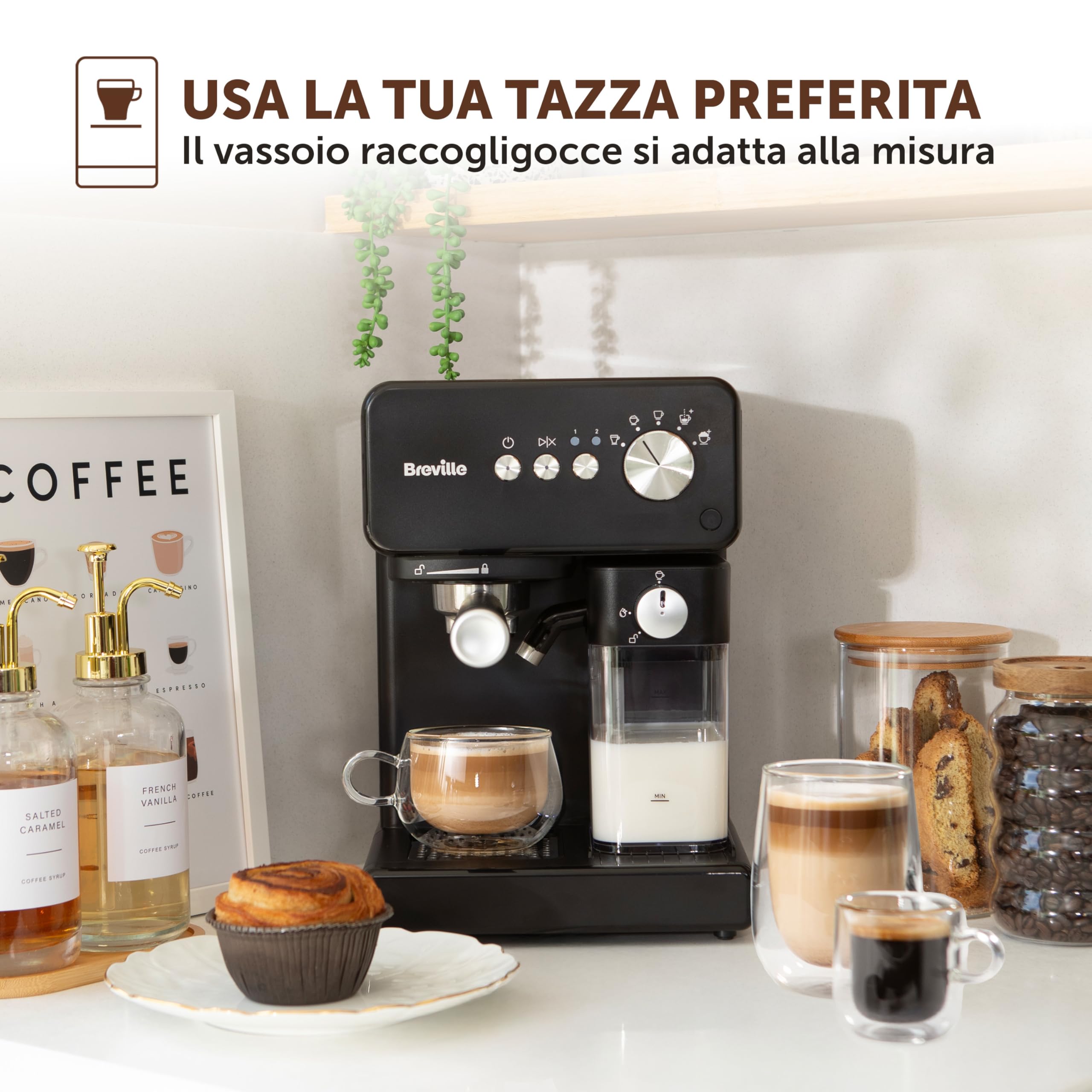 Breville Prima Latte One-Touch Macchina per caffè espresso | Montalatte automatico | Macchina per cappuccino, latte e altro | Pompa italiana da 15 bar | Nero | VCF183X