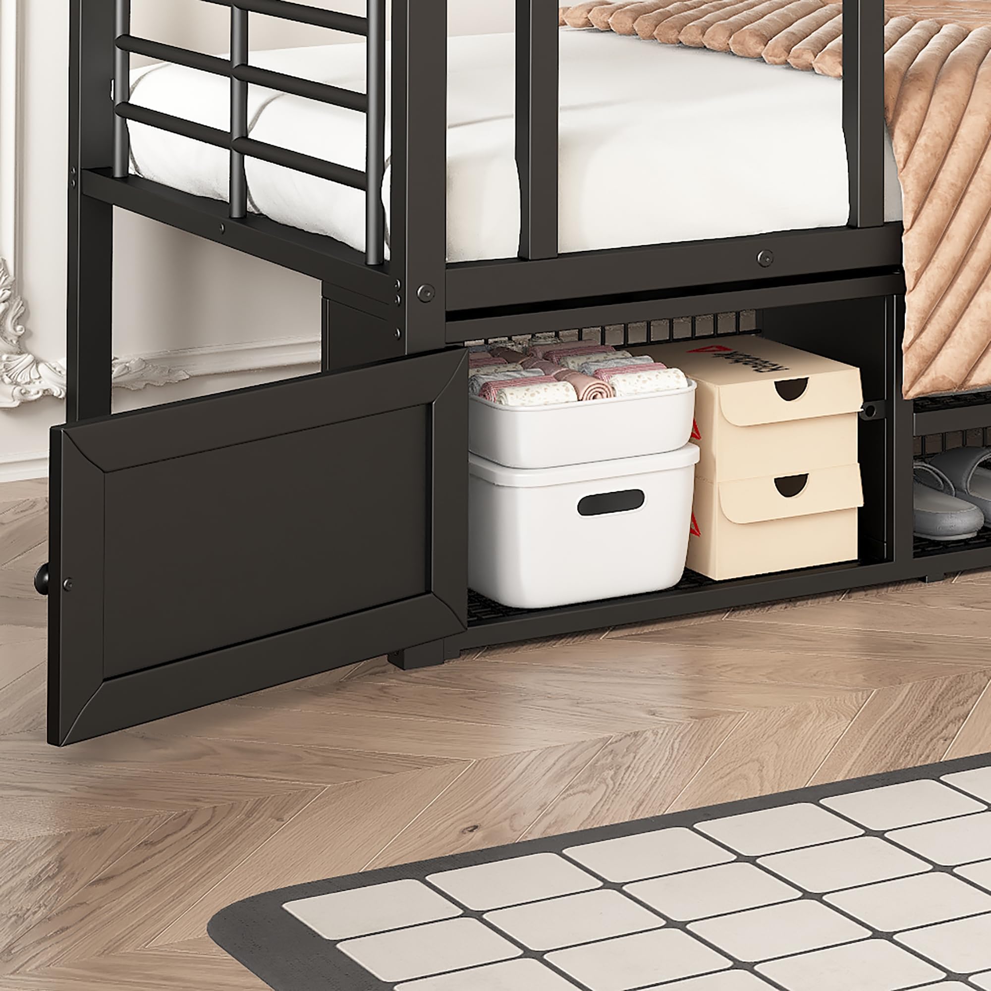 Litera, Cama con Marco de Hierro, Zapatero Abierto, Armario de Almacenamiento pequeño de Doble Puerta, con Escalera Lateral, con Rejilla anticaídas, Color Negro, 90x200cm