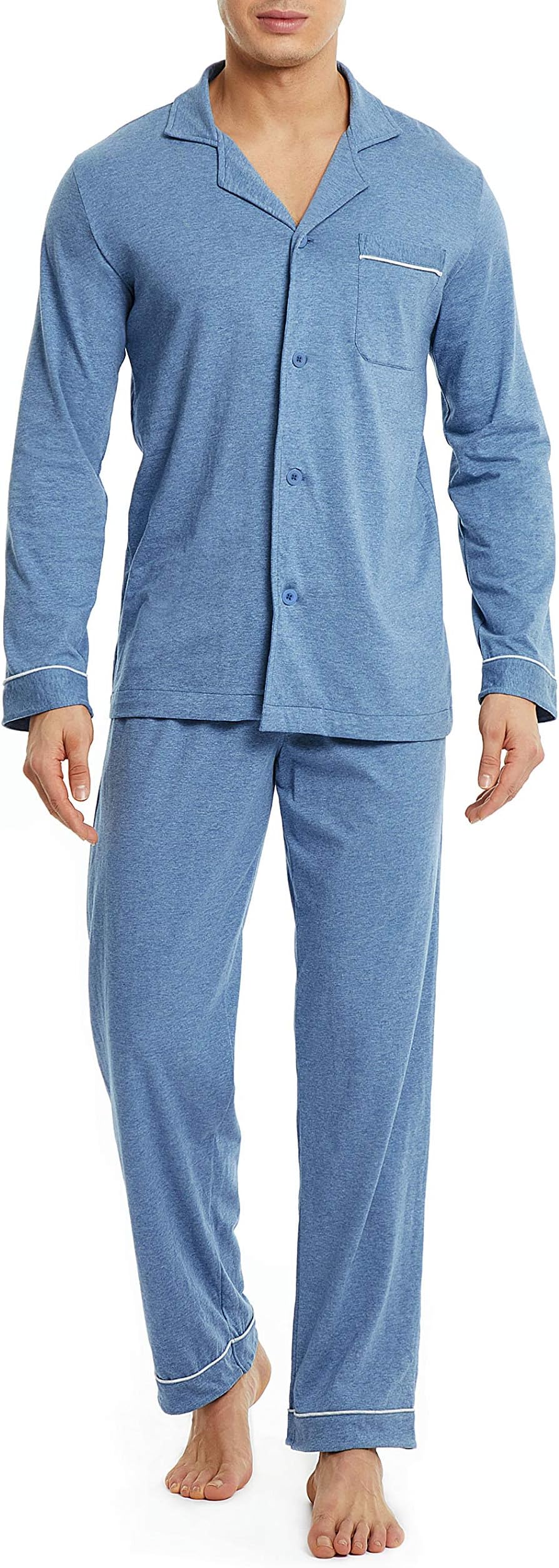 DAVID ARCHY Mens Pajamas Set Soft Cotton Notched Collar Pajamas for Men Long Sleeve Mens Sleepwear with Pockets & Front Fly (XL, Heather Navy Blue)